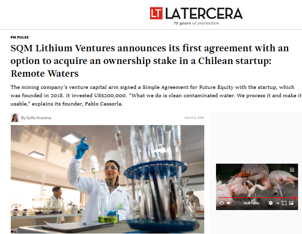 SQM Lithium Ventures announces its first agreement with an option to acquire an ownership stake in a Chilean startup: Remote Waters
