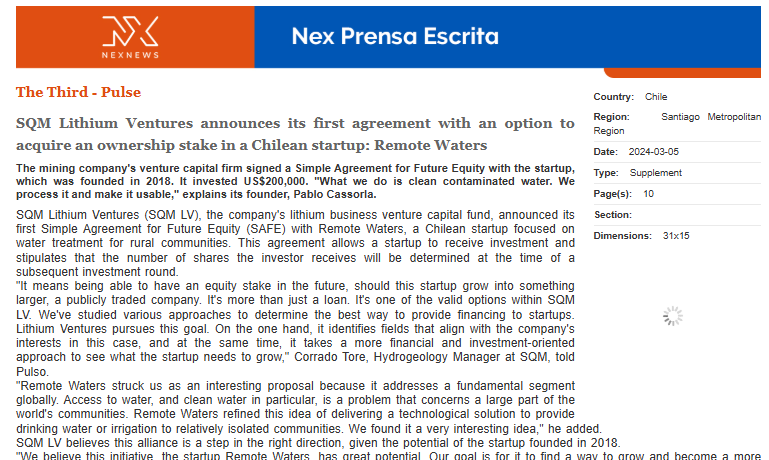 SQM Lithium Ventures announces its first agreement with an option to acquire an ownership stake in a Chilean startup: Remote Waters
