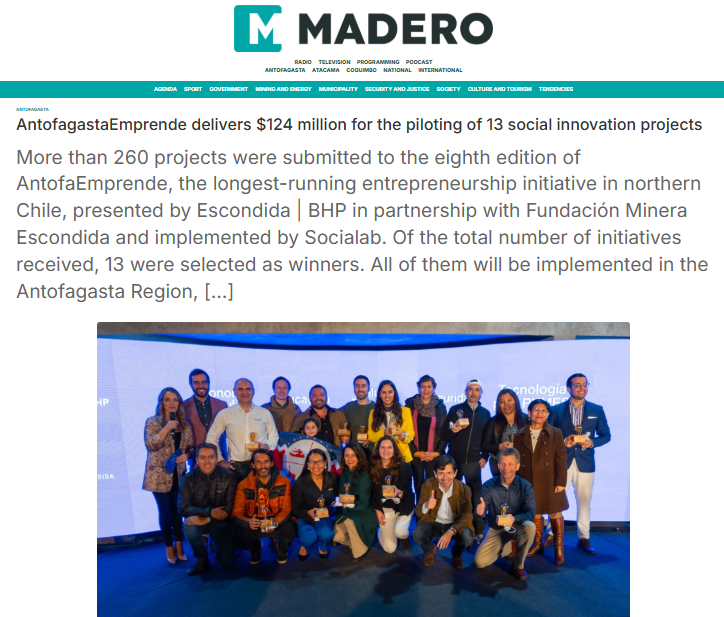 AntofagastaEmprende delivers $124 million for the piloting of 13 social innovation projects