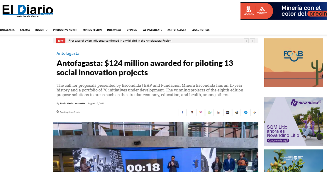 Antofagasta: $124 million awarded for piloting 13 social innovation projects
