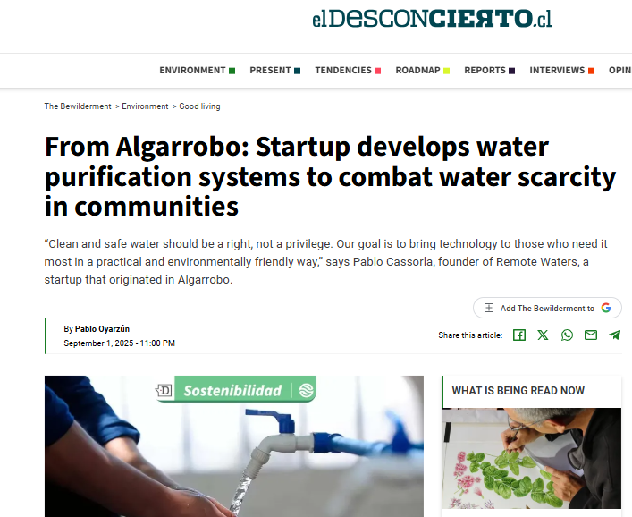 From Algarrobo: Startup develops water purification systems to combat water scarcity in communities
