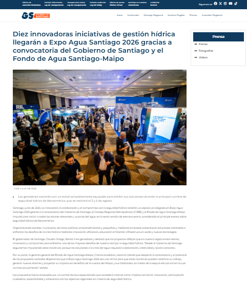 Diez innovadoras iniciativas de gestión hídrica llegarán a Expo Agua Santiago 2026 gracias a convocatoria del Gobierno de Santiago y el Fondo de Agua Santiago-Maipo