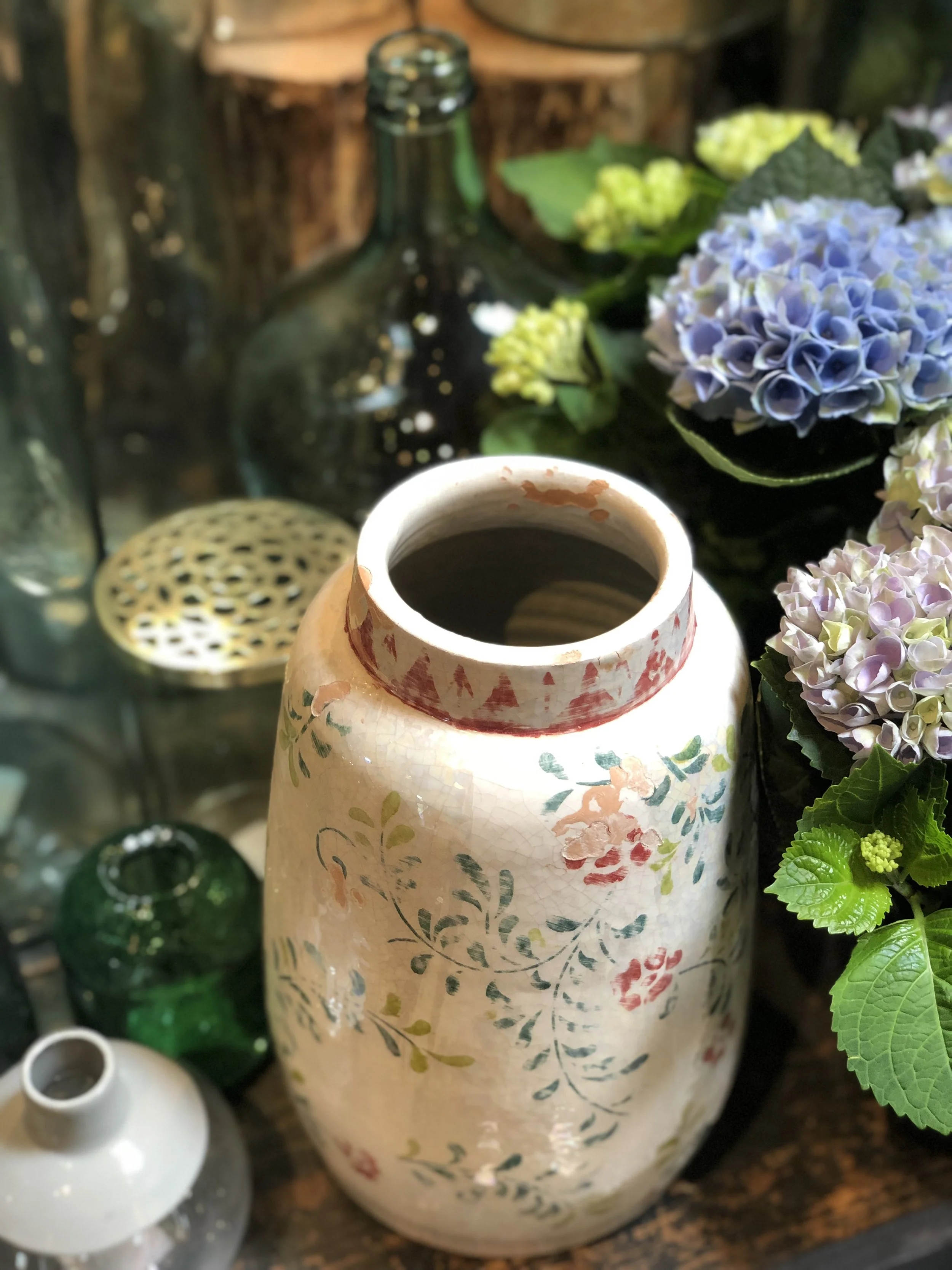 Assorted Vases, Blue Hydrangea, Decorative Pottery, Flowers, Blue Hydrangea. Terrain Westport, Anthropologie.