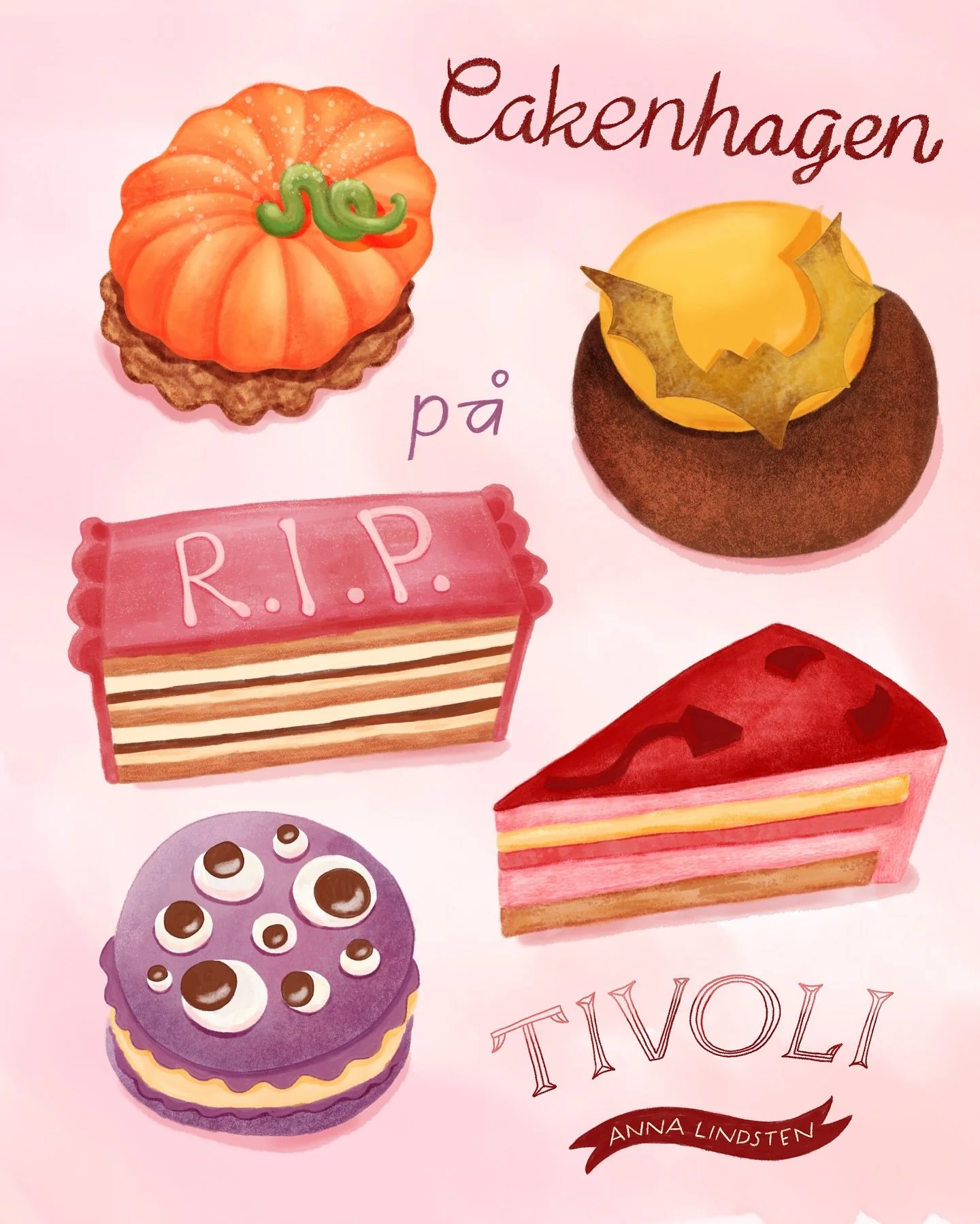 Vi var i K&ouml;penhamn n&aring;gra dagar och s&aring;klart att vi var p&aring; Tivoli och s&aring;klart att vi &aring;t sp&ouml;kiga bakelser p&aring; Cakenhagen👾🎃🍓
.
.
.
#cakenhagentivoli #childrensillustration #foodillustration