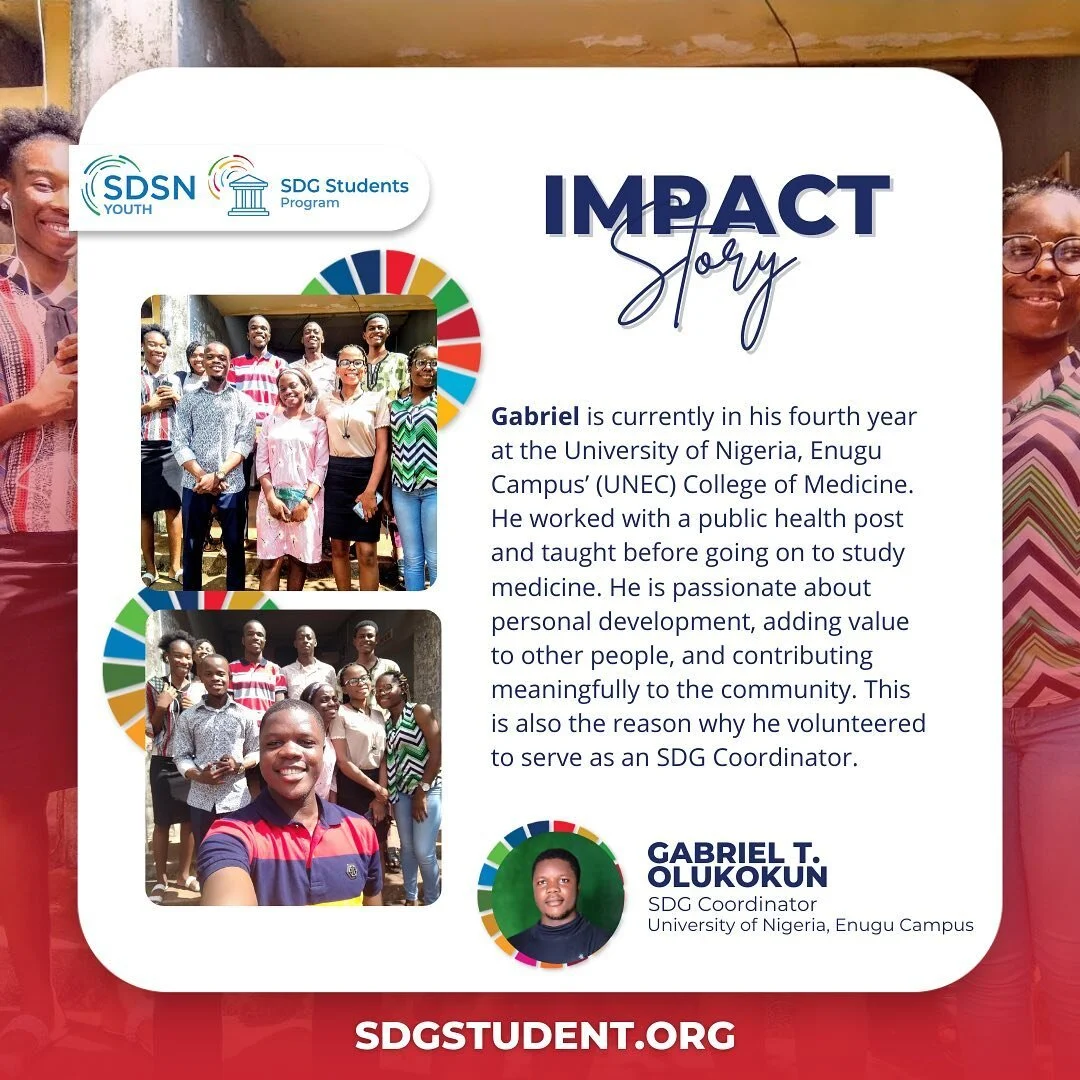 [IMPACT STORY]

&ldquo;It is beautiful to see students like myself across the globe selflessly working together to take action on the SDGs.&rdquo;

✨ Craving personal growth, meeting like-minded people to discuss what they are interested in, and contributing to the community, Gabriel volunteered to pursue an SDG Coordinator at the University of Nigeria, Enugu Campus. He aspires to create a platform for youth like him to discover possibilities and contribute and shape their sustainable community and future together.

📌 Read more about this inspiring story- Link in bio

#sdgs #sdgstudentsprogram #sdghub #hubinitiative #youth #sdgcoordinator #unsdsnyouth 

#student #studentlife #leadership #university