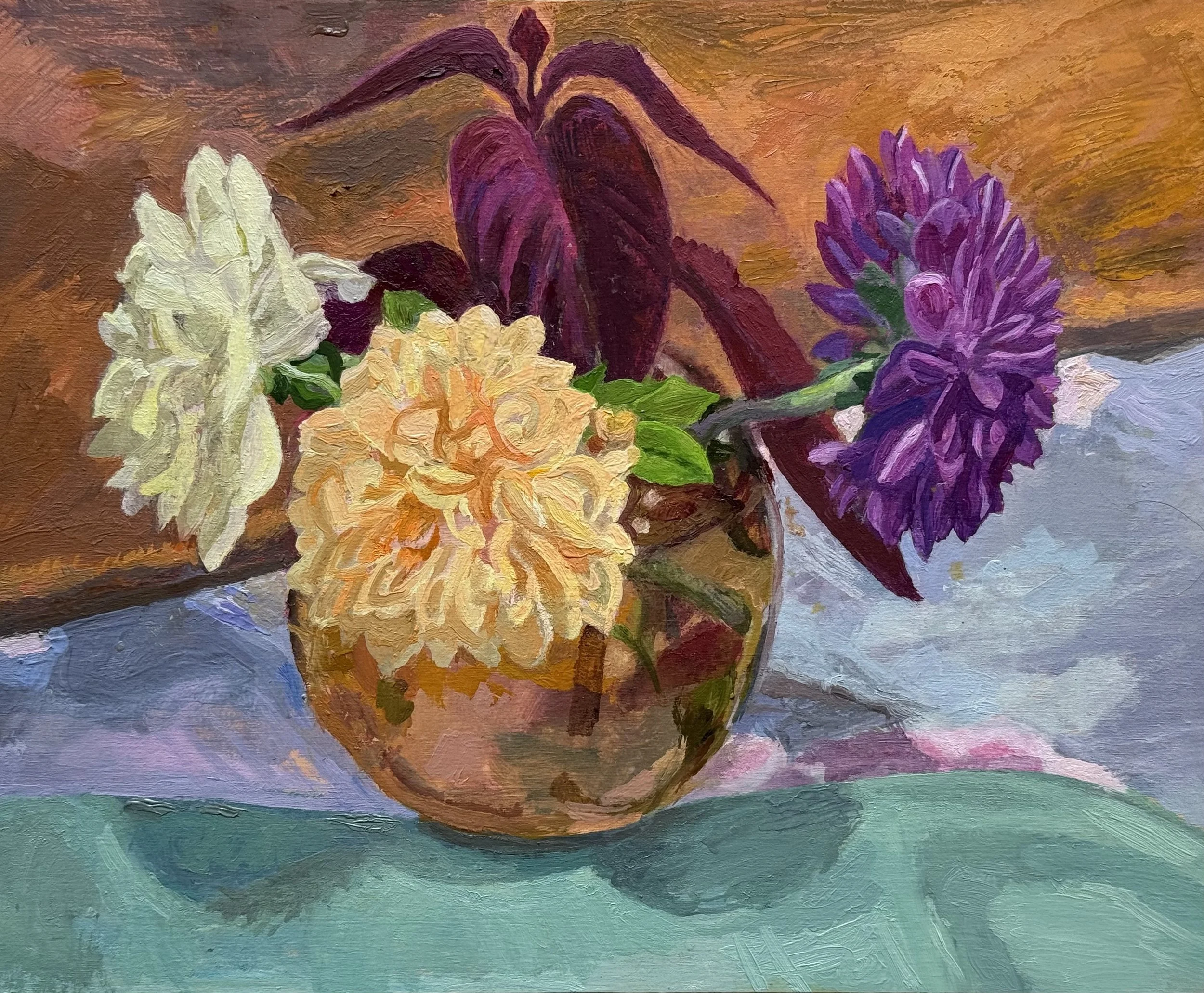      Still Life with Yellow Rose and Dahlias. Oil on Panel, 8" X 10"