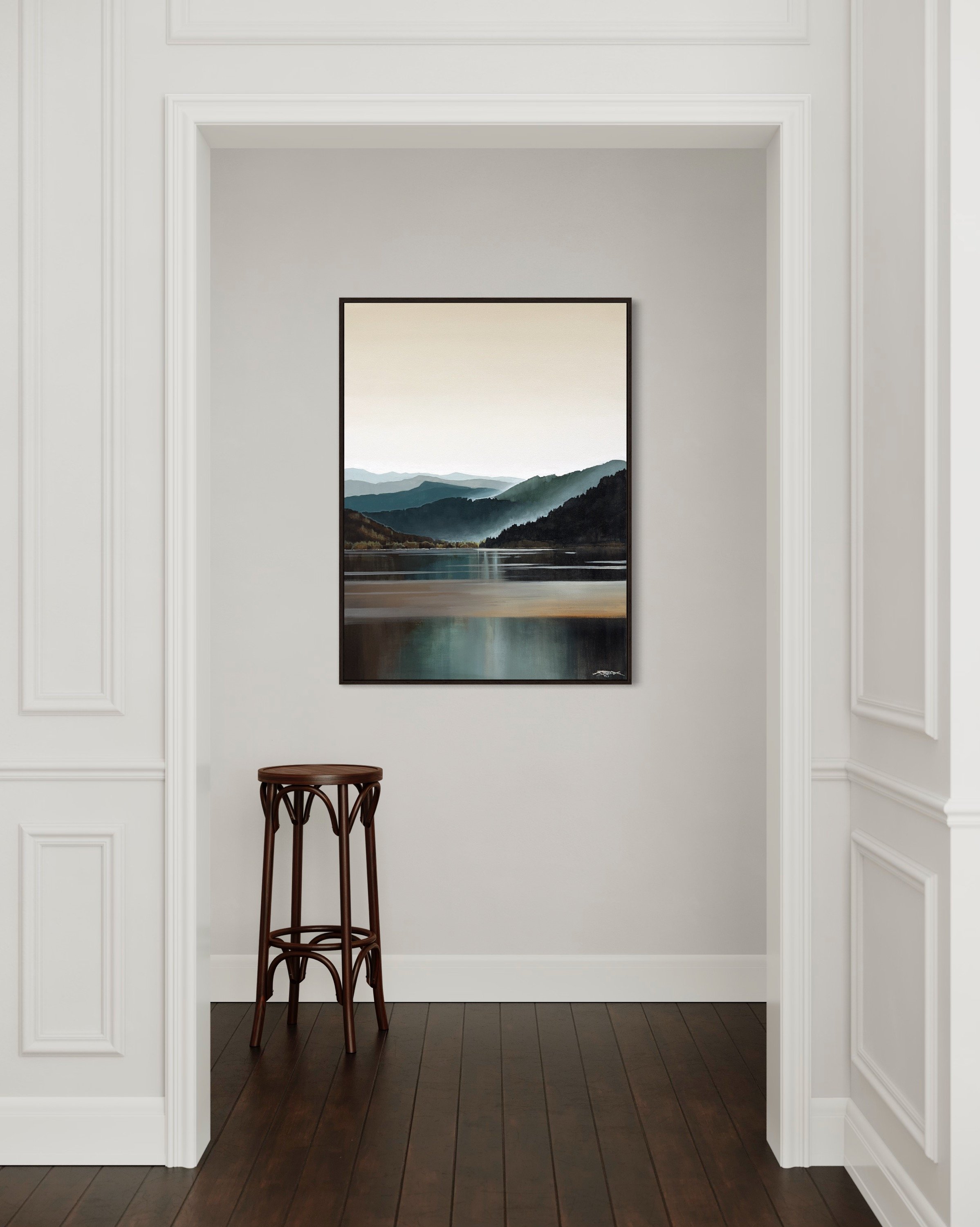 peace on the water canvas west coast print walnut frame insitu.JPG