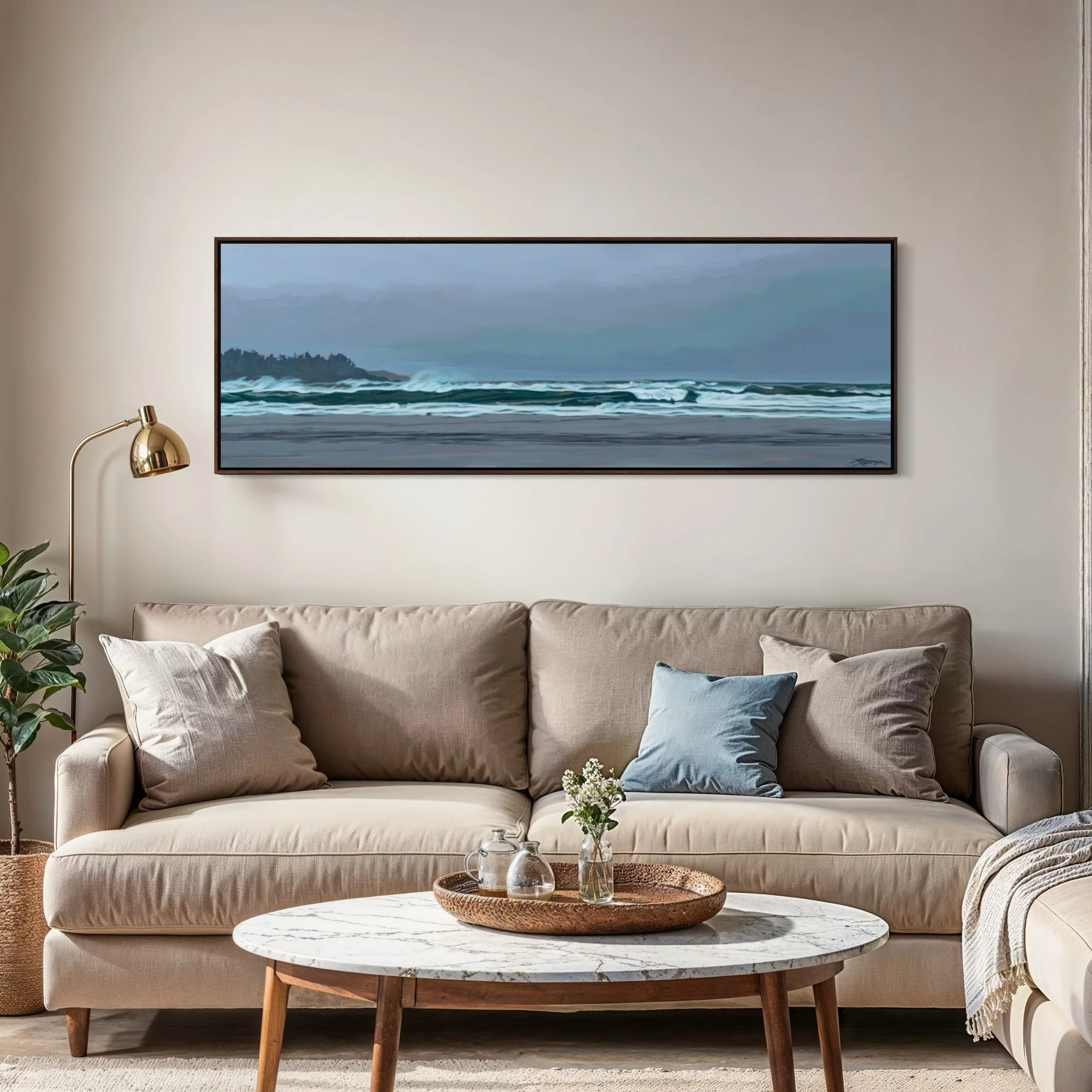 Long beach colour tofino west coast art canvas walnut frame living room insitu.jpg