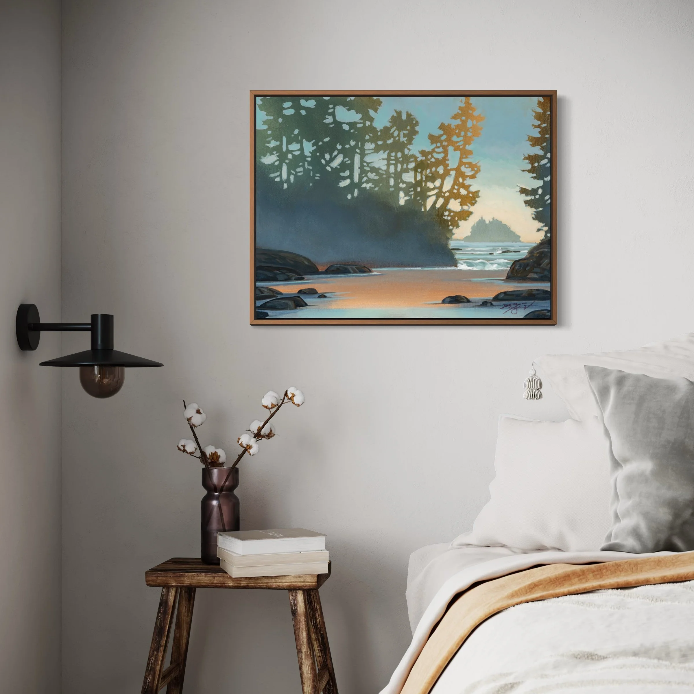 When you were young canvas west coast print walnut frame insitu bedroom.jpg