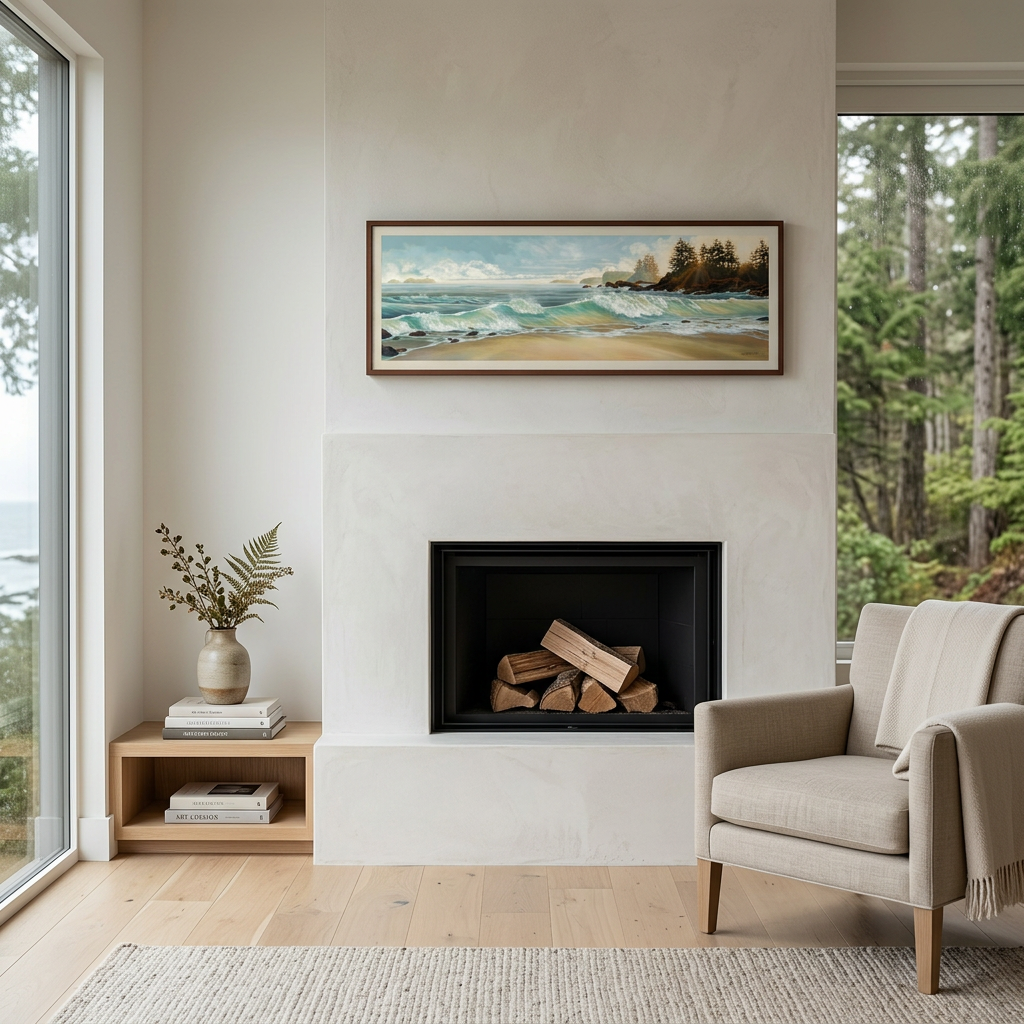 Canadian art of cox bay large paper print framed in walnut frame west coast view of Cox Bay near Tofino