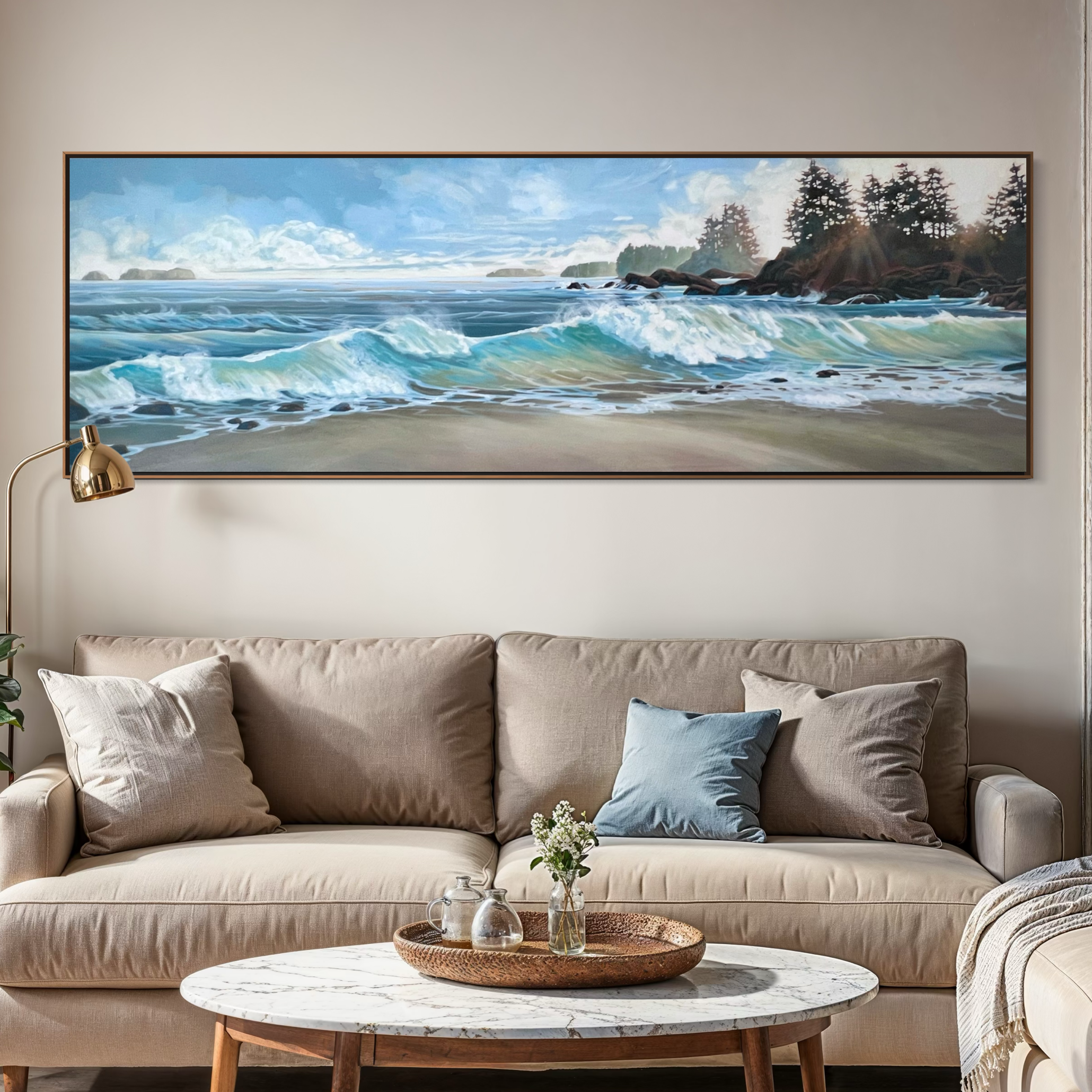 Amazing grace Tofino west coast canadian art landscape painting walnut frame  insitu lving room.PNG