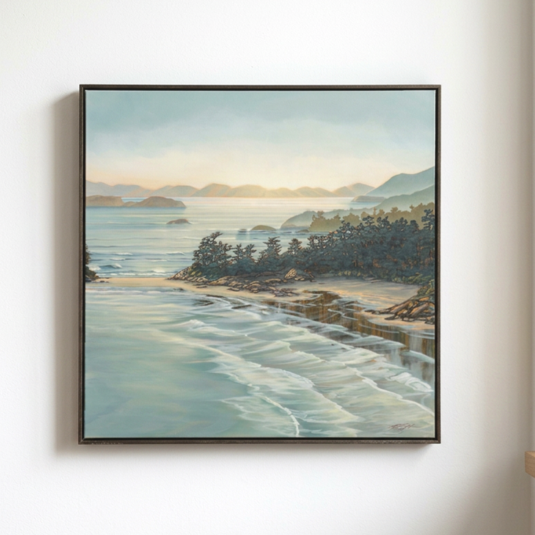 cox bay large canvas print framed in walnut float frame west coast view of Cox Bay near Tofino