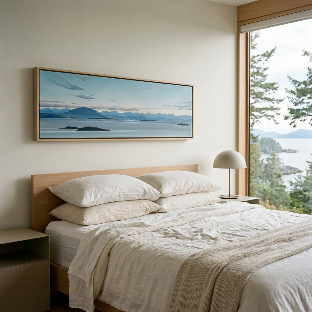 Canadian art large canvas print framed in white oak frame west coast view of Salish Sea and the Sunshine Coast in a modern minimalist bedroom