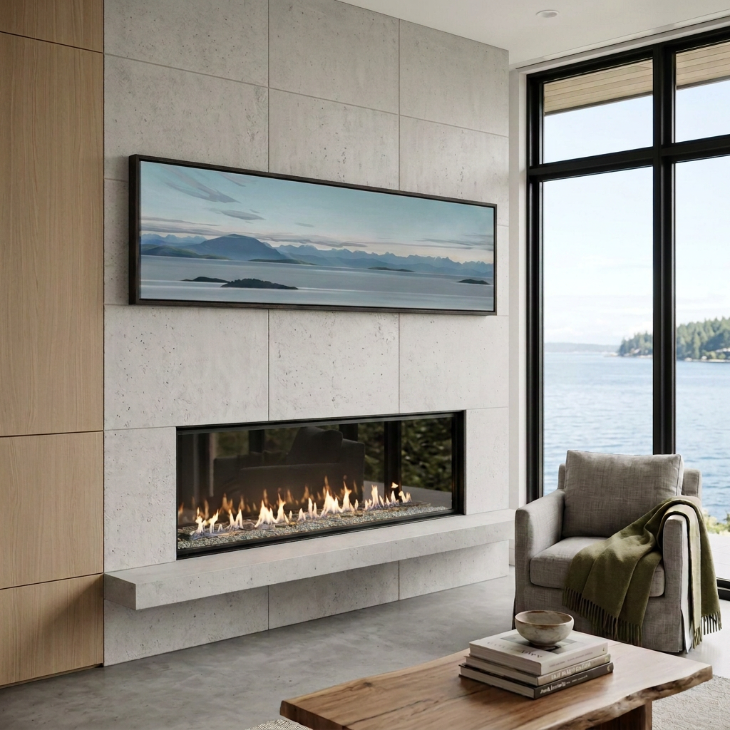 Canadian art large canvas print framed in walnut frame west coast view of Salish Sea and the Sunshine Coast in a modern minimalist home