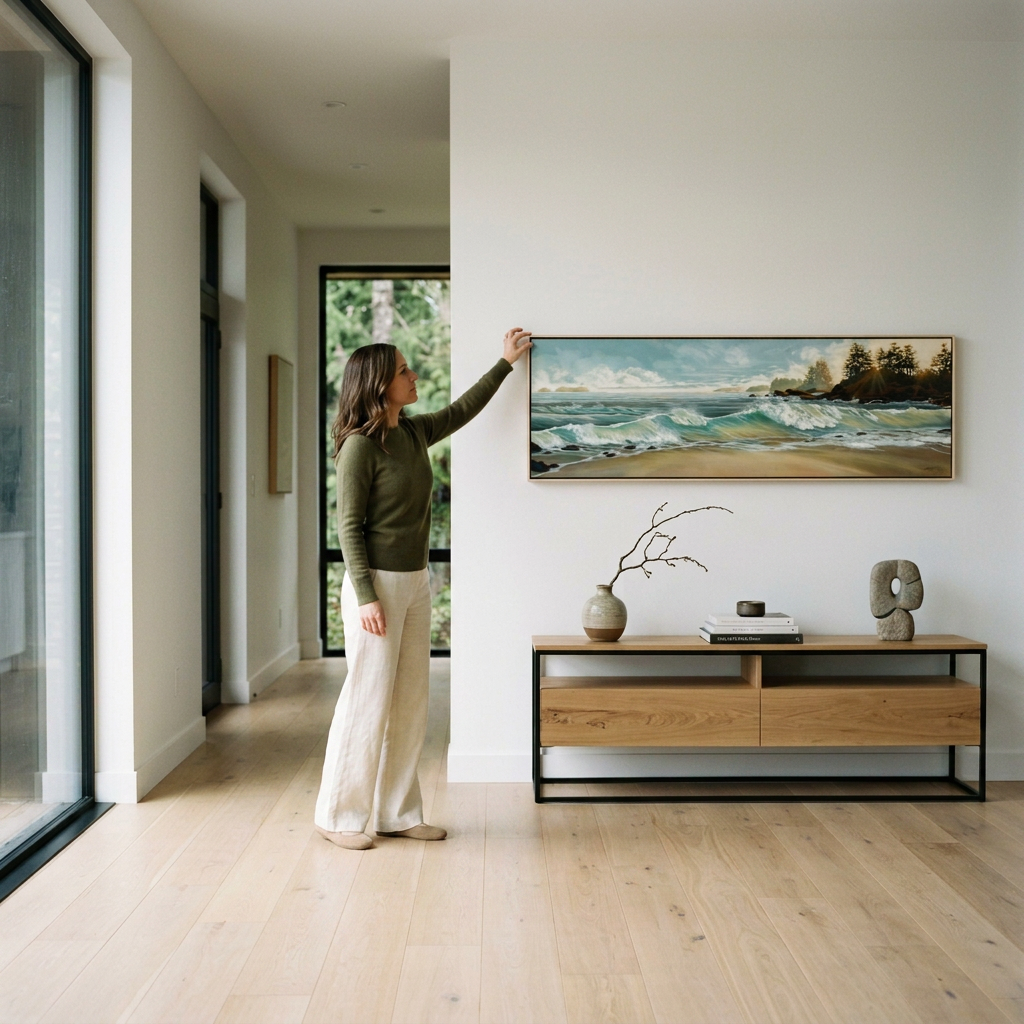 Canadian art of cox bay large canvas print framed in walnut frame west coast view of Cox Bay near Tofino