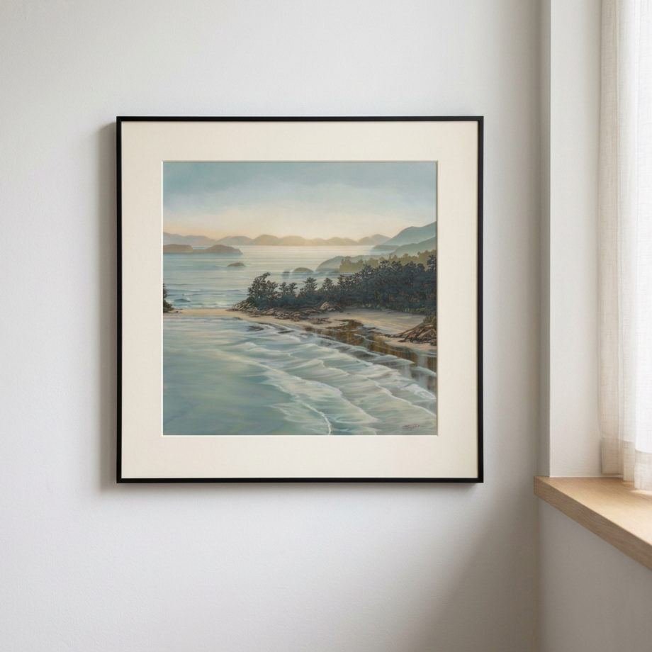cox bay large giclee paper  print framed in walnut frame west coast view of Cox Bay near Tofino