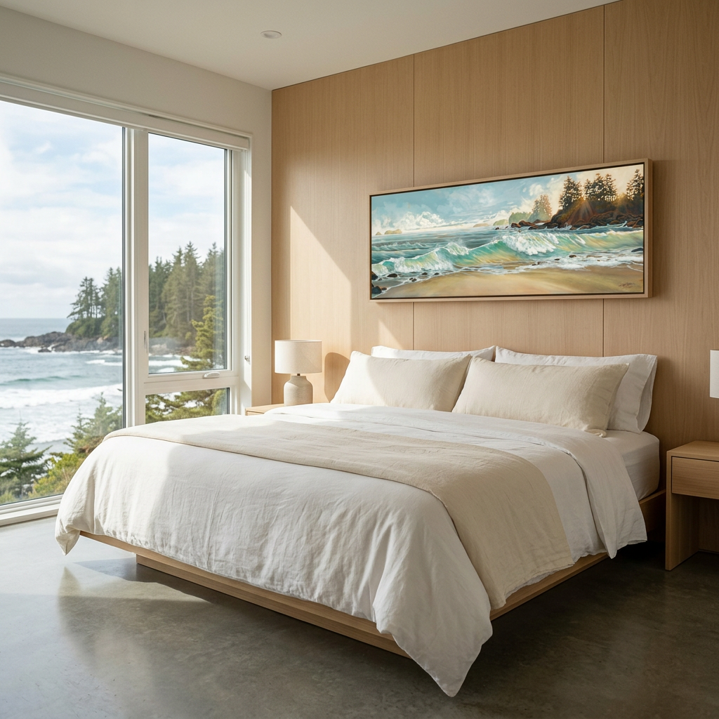 Canadian art of cox bay large paper print framed in walnut frame west coast view of Cox Bay near Tofino