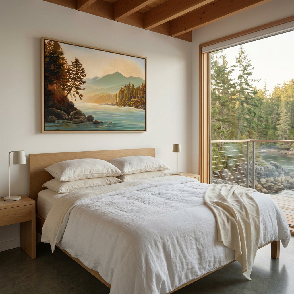 Incandescent west coast serene large canvas print framed in white oak of inlet near Tofino