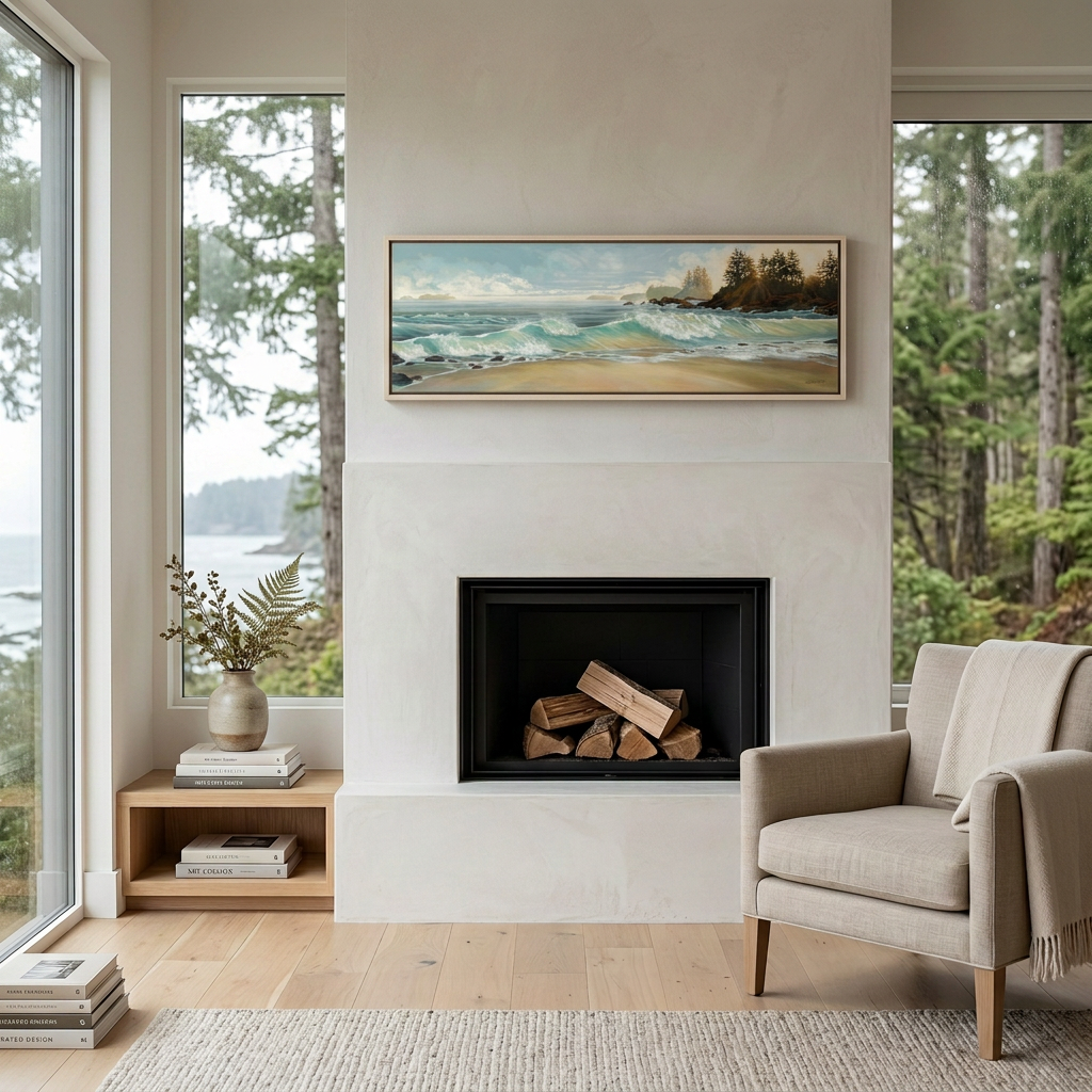 Canadian art of cox bay large paper print framed in white oak frame west coast view of Cox Bay near Tofino