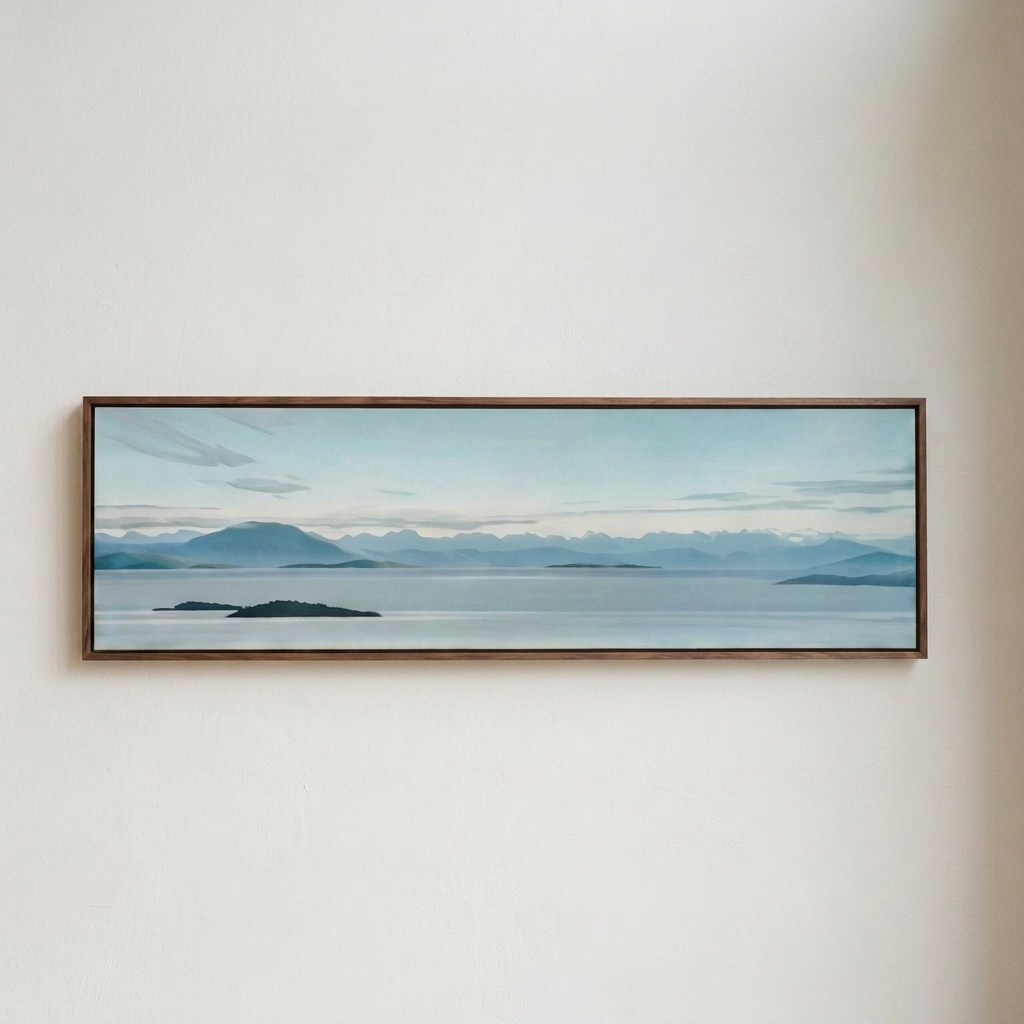 Canadian art large canvas print framed in walnut frame west coast view of Salish Sea and the Sunshine Coast in a modern minimalist home