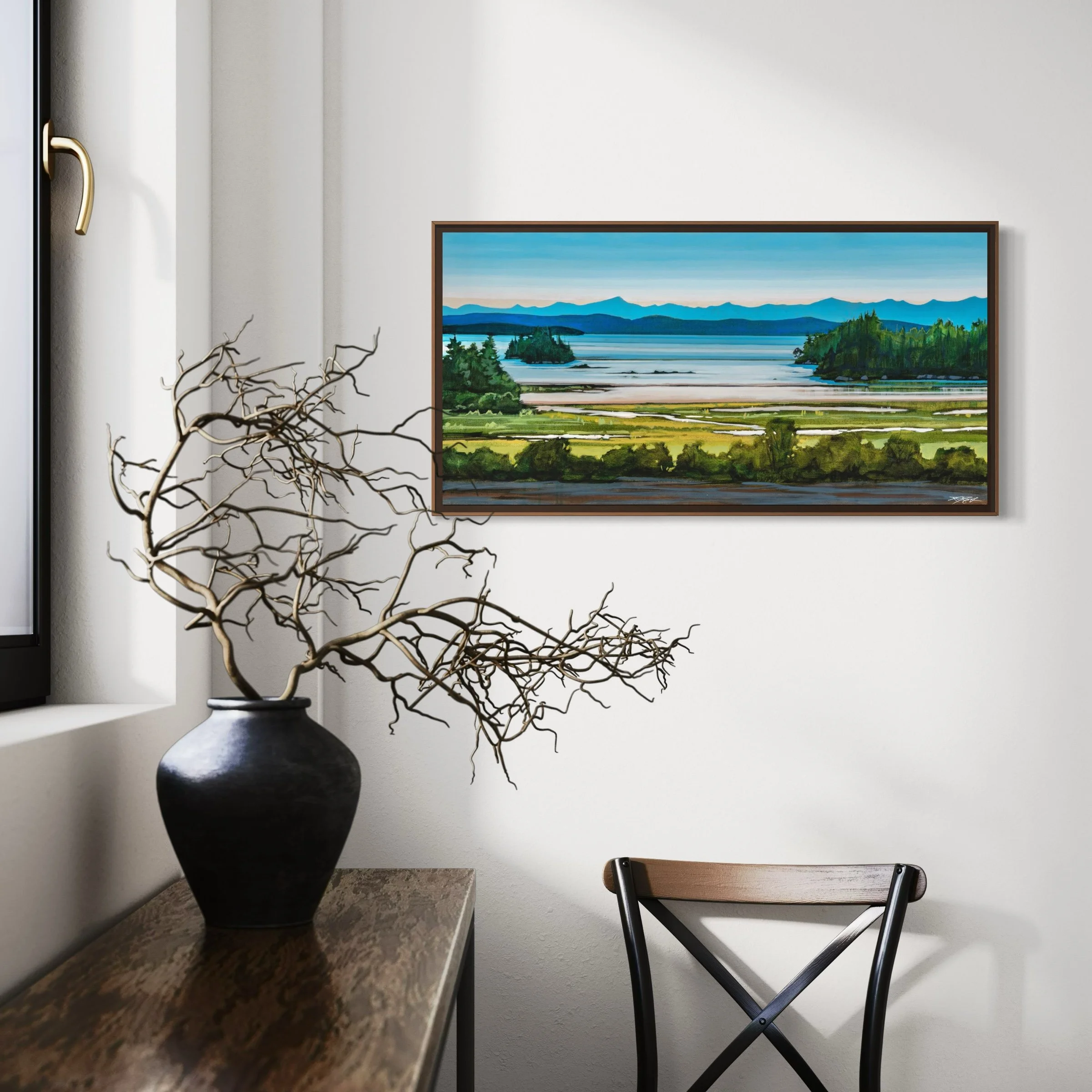 Crofton Estuary walnut frame west coast art insitu.jpg