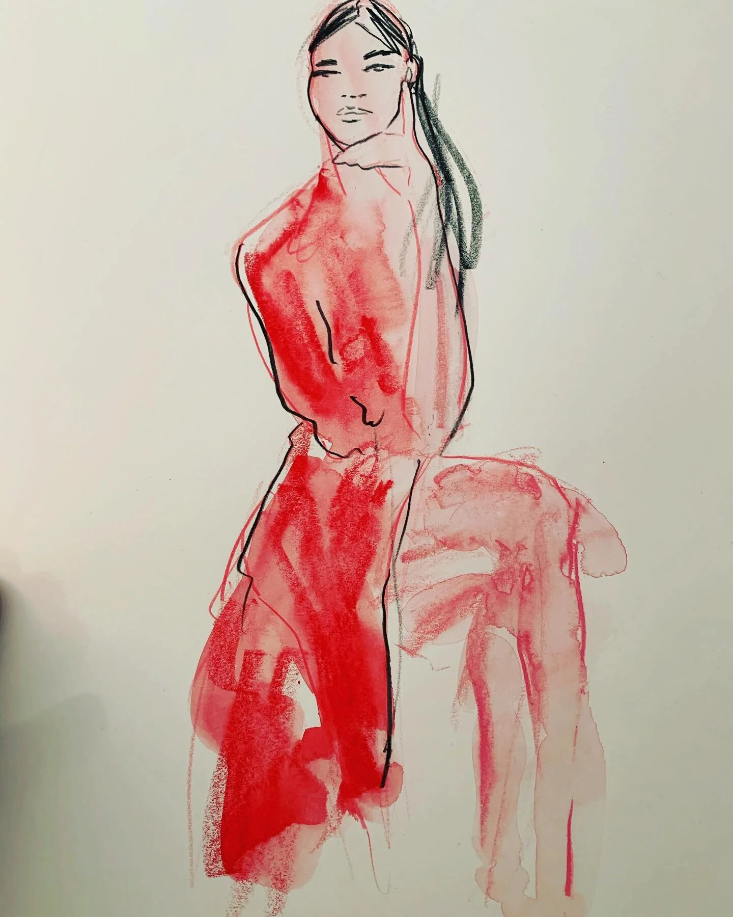 Fashion illustration from today 6-14-2020 drawing@session with @560_7th #fashionillustrator #fashionillustration #fashionsketch #watercolor #watercolorillustration #seatedpose #fashionsketch #drawing #painting #neocolor2 #carandache #coloredpencil