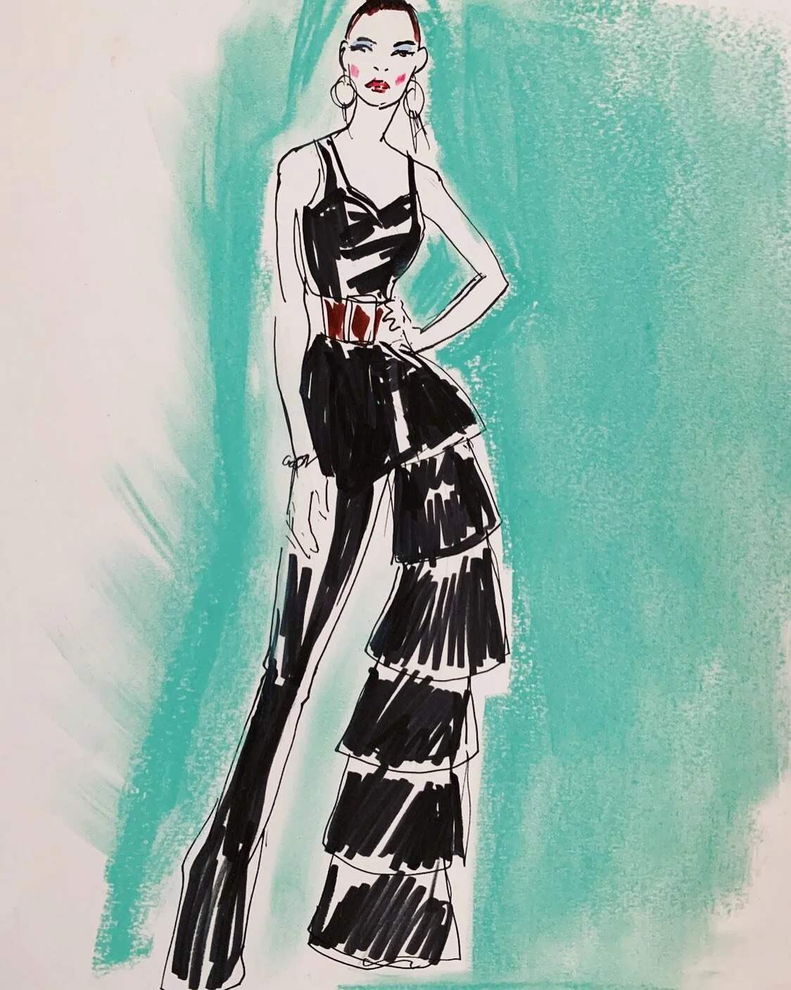 Sketch from 5/17/2020 from fashion drawing zoom session @560_7th  and thanks to @thienan.p  for modeling. #fashion #fashionsketch #fashionillustration #illustrationartists #illustratorsoninstagram #illustrationartists #jumpsuit #ruffles #70sfashion #