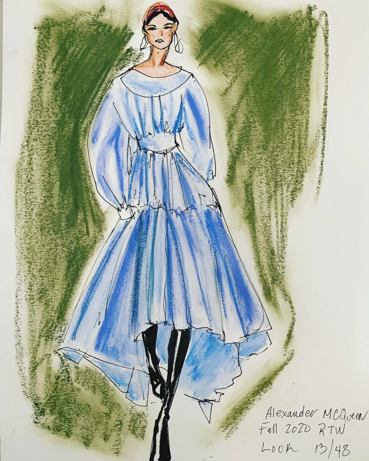 Illustration of @alexandermcqueen Fall 2020 RTW look 13 #fashionsketch #fashionillustration #fashionillustrator #illustration #illustrator #illustratorsoninstagram #illustrationoftheday #watercolor #oilpastel #ink