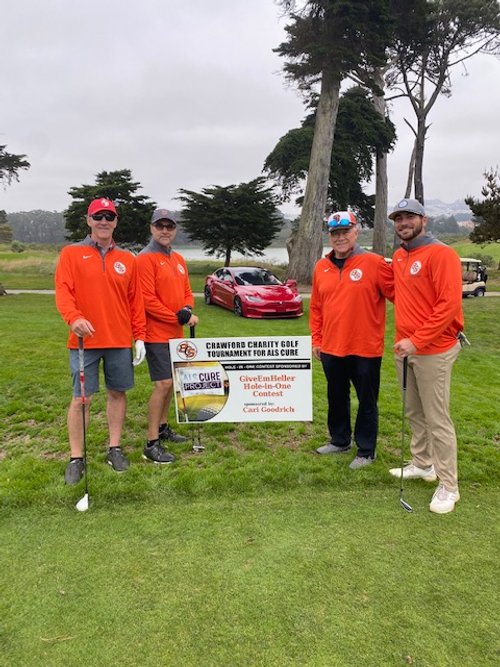  John Chovanec, Phil Dalton, MIke Crawford and Nick Medeiros prepare for the 'Give Em Heller' hole-in-one contest 