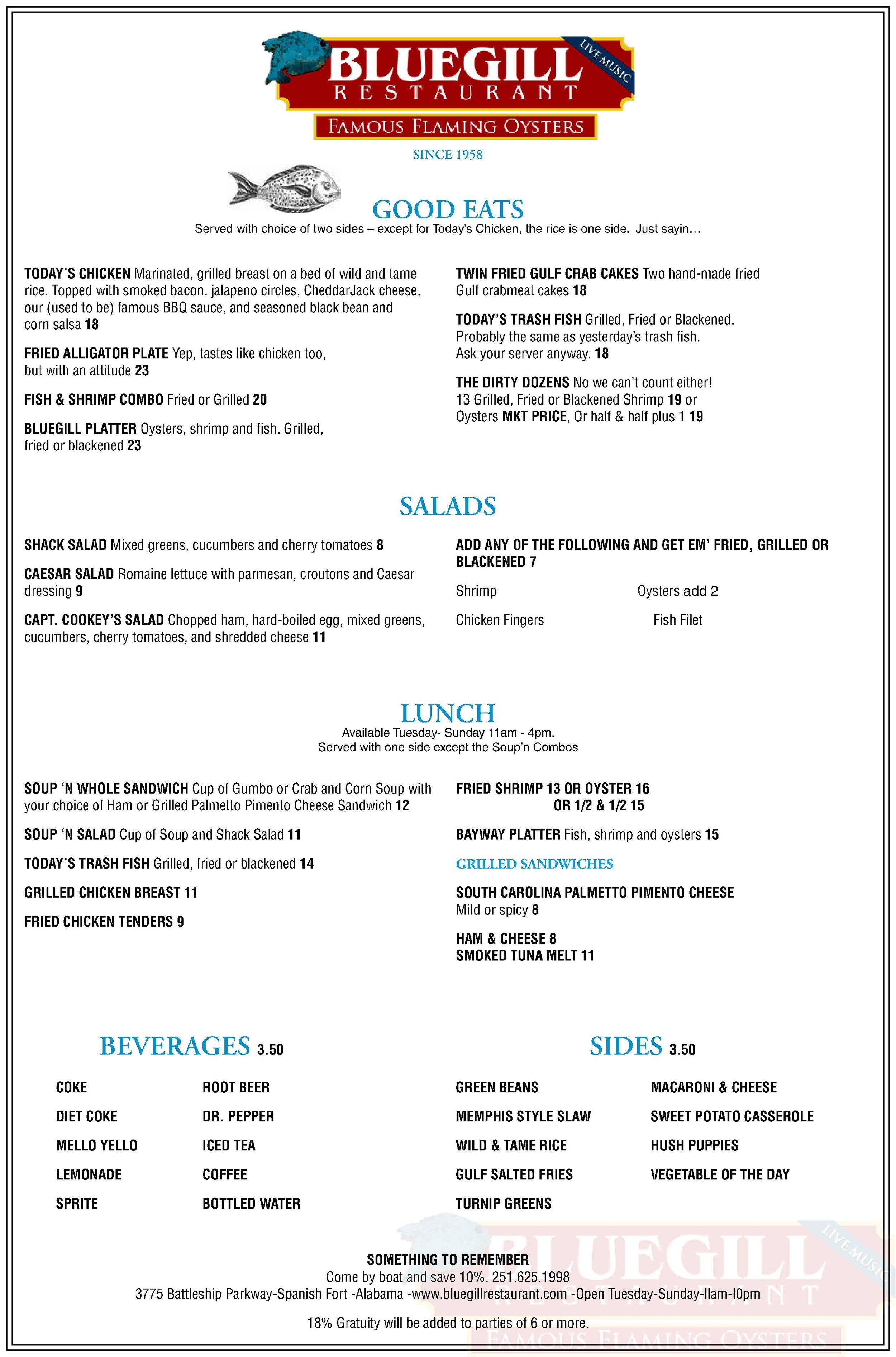 Menu — Bluegill Restaurant