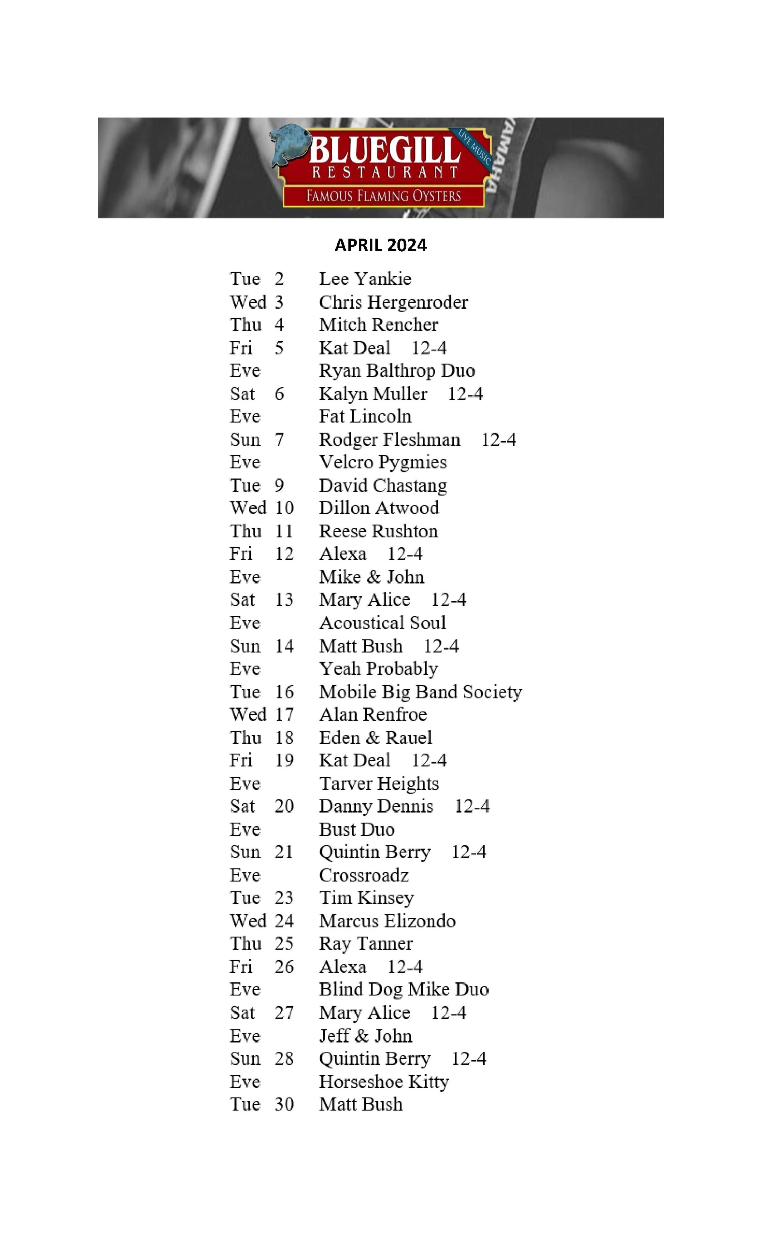 APRIL MUSIC SCHEDULE