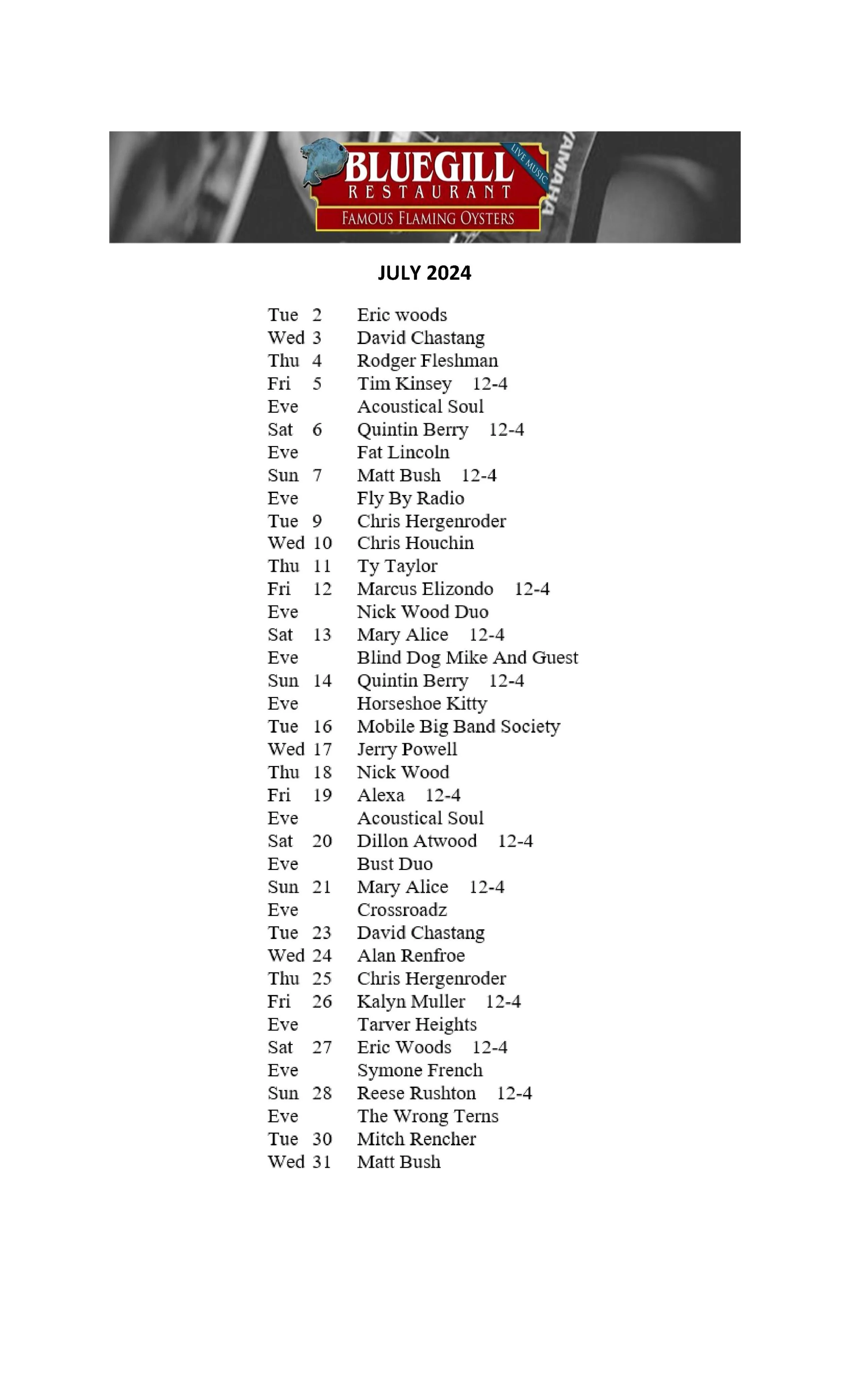JULY MUSIC SCHEDULE