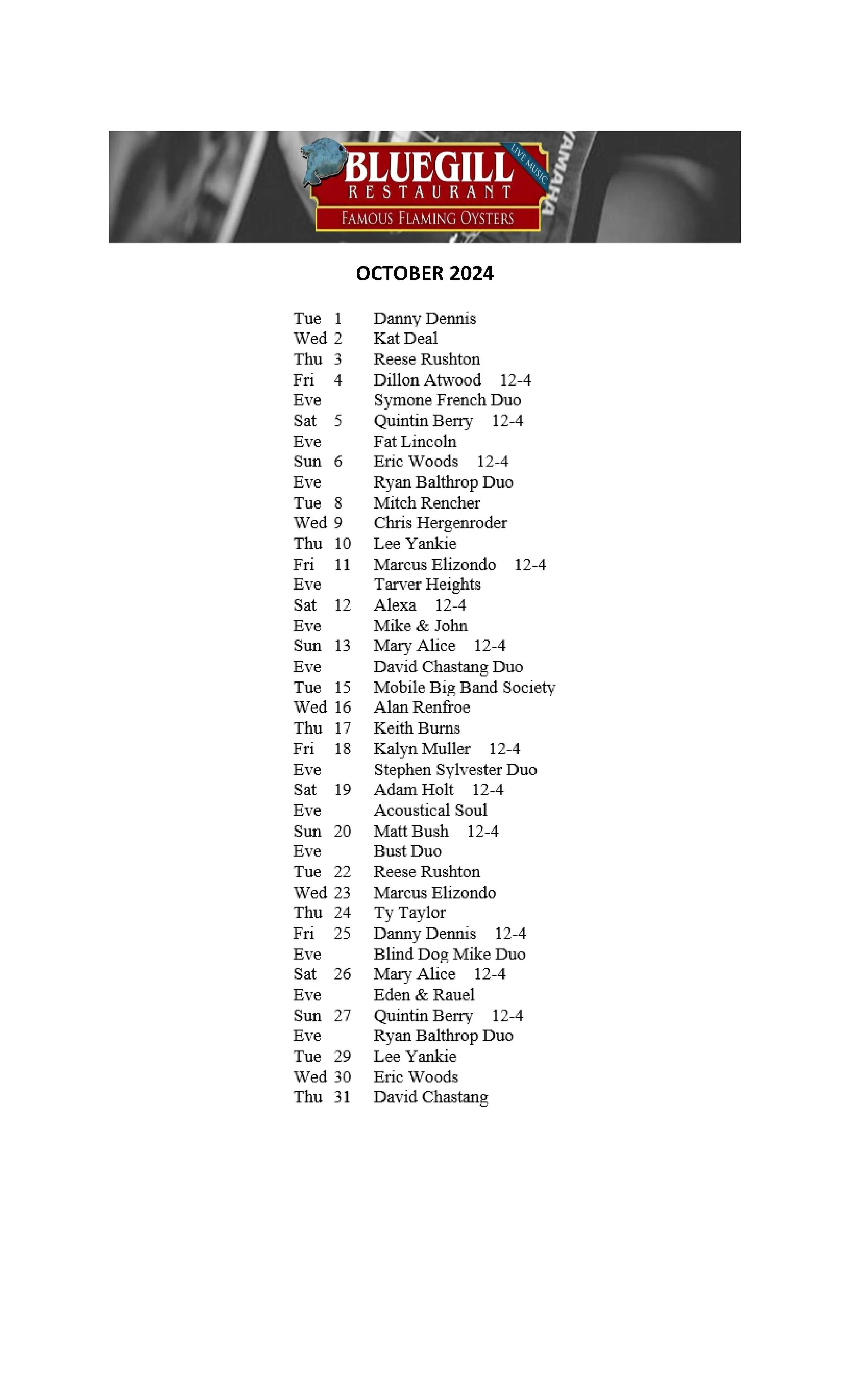 OCTOBER MUSIC SCHEDULE