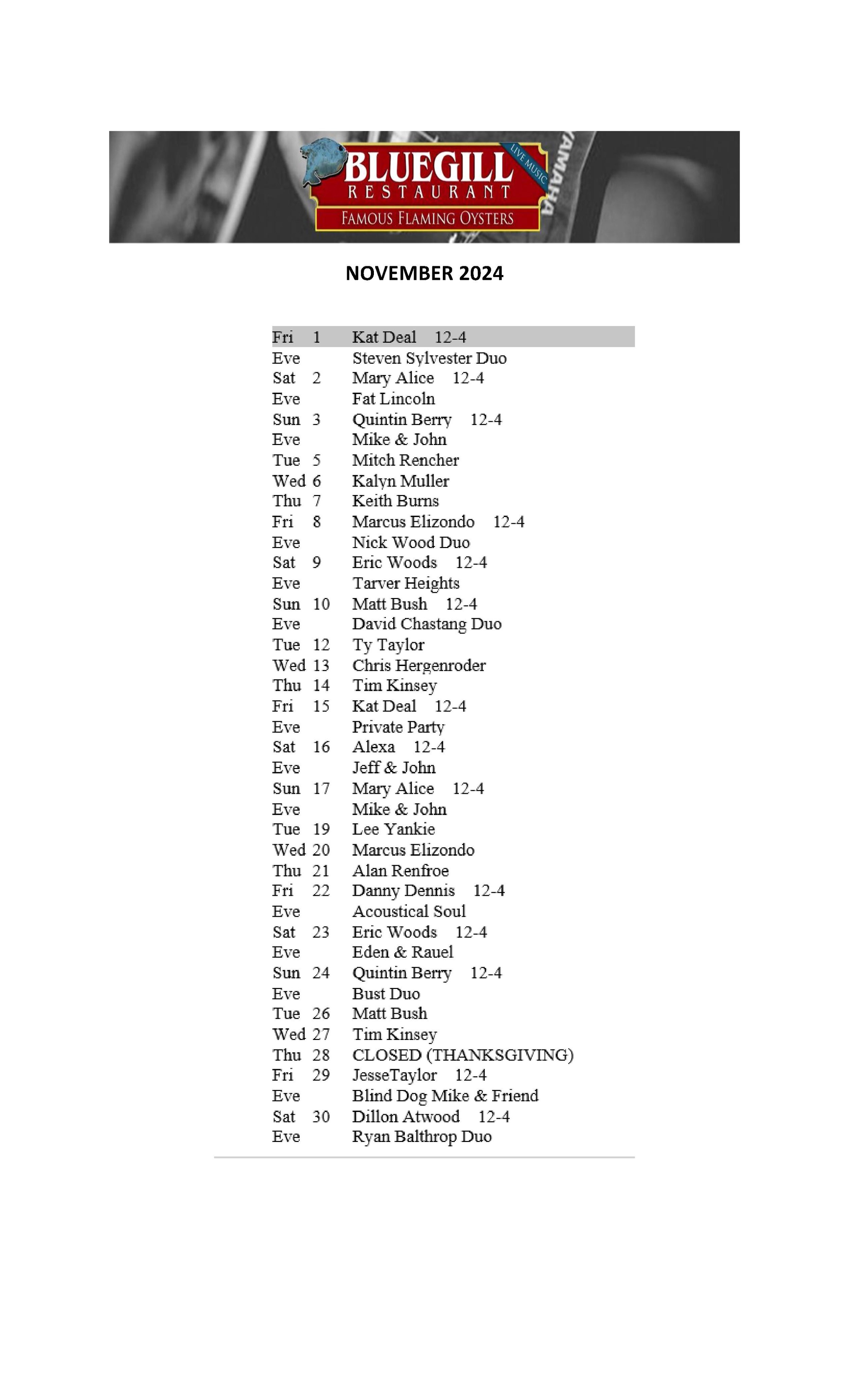 NOVEMBER MUSIC SCHEDULE