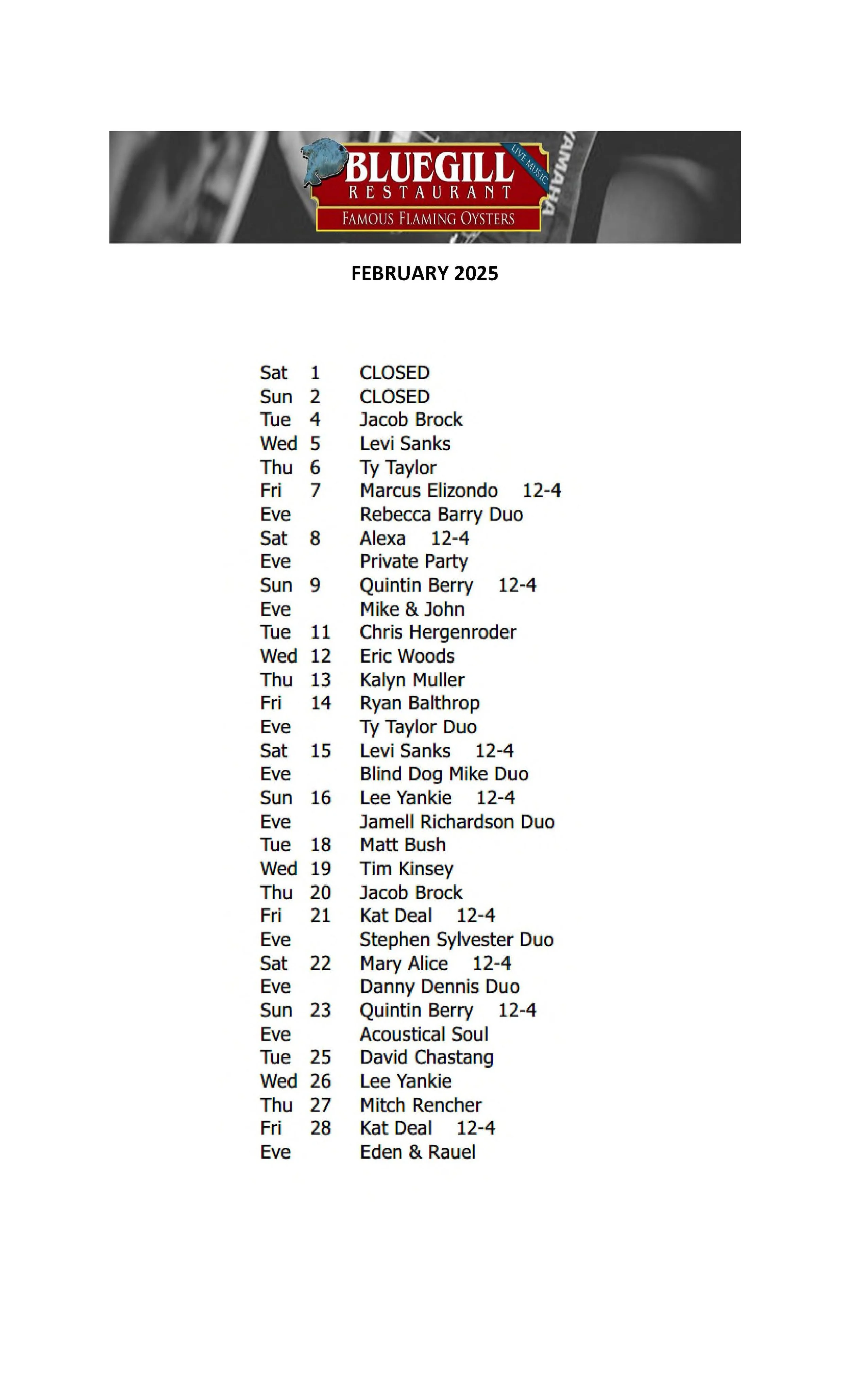 FEBRUARY MUSIC SCHEDULE
