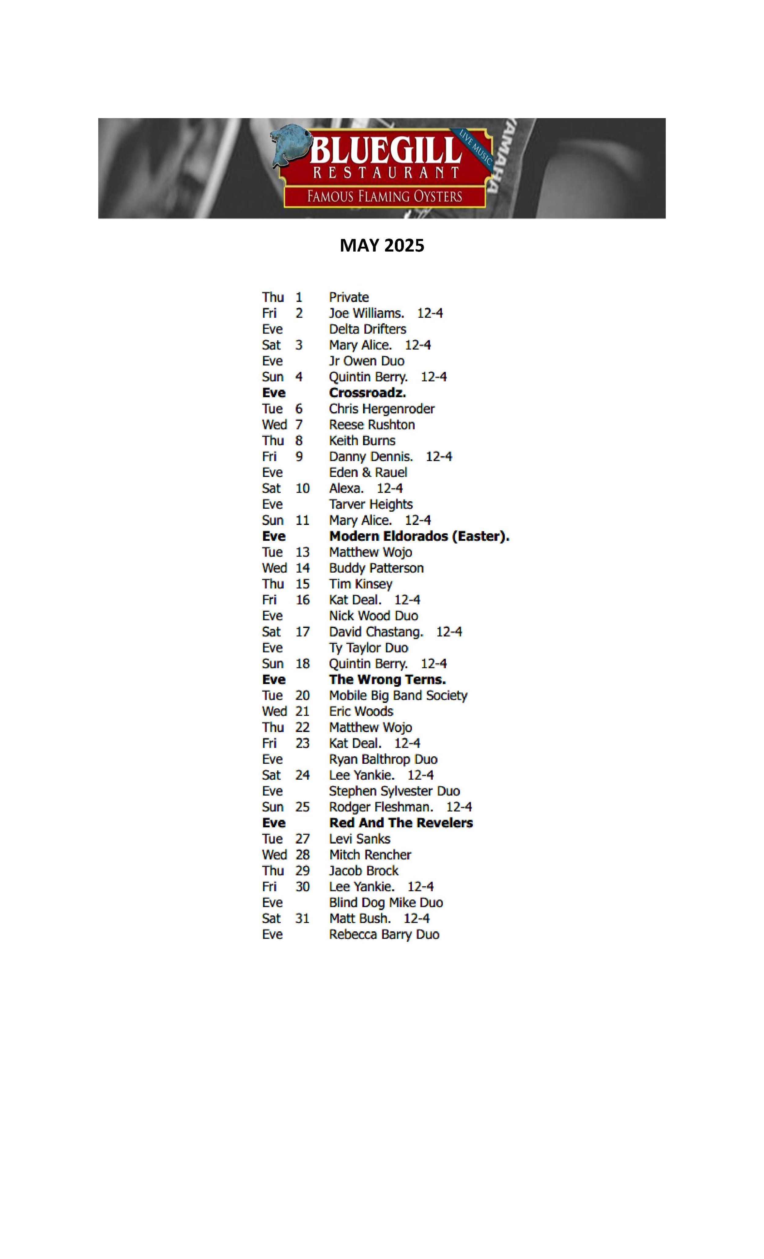 MAY MUSIC SCHEDULE