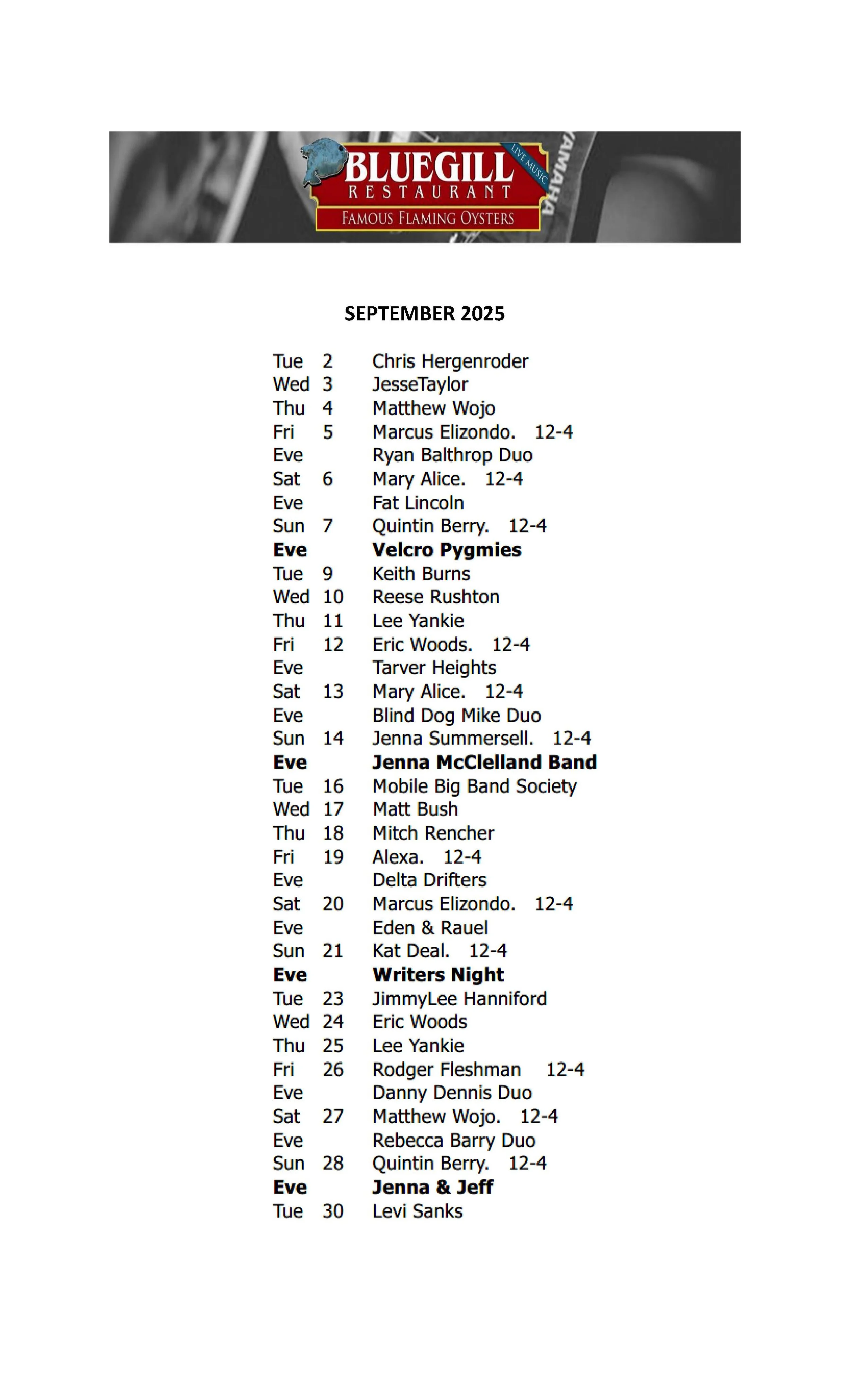 SEPTEMBER MUSIC SCHEDULE