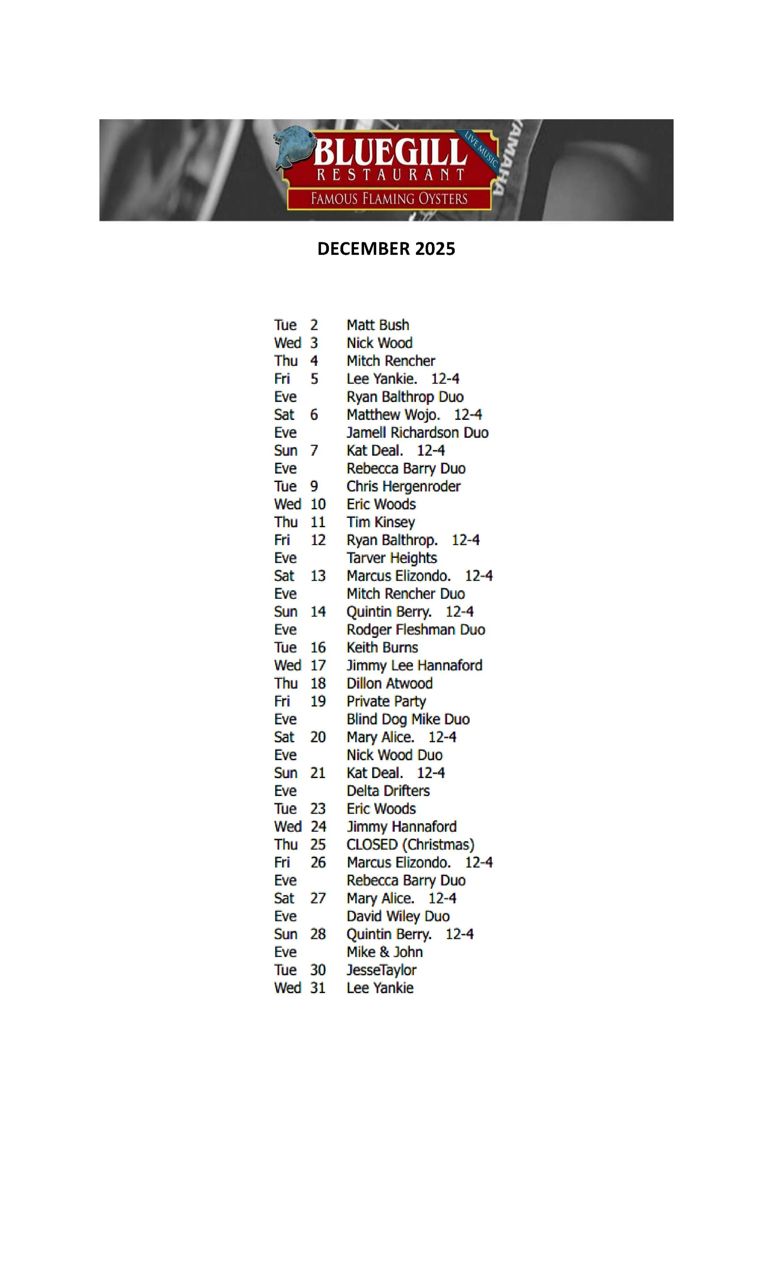 DECEMBER MUSIC SCHEDULE