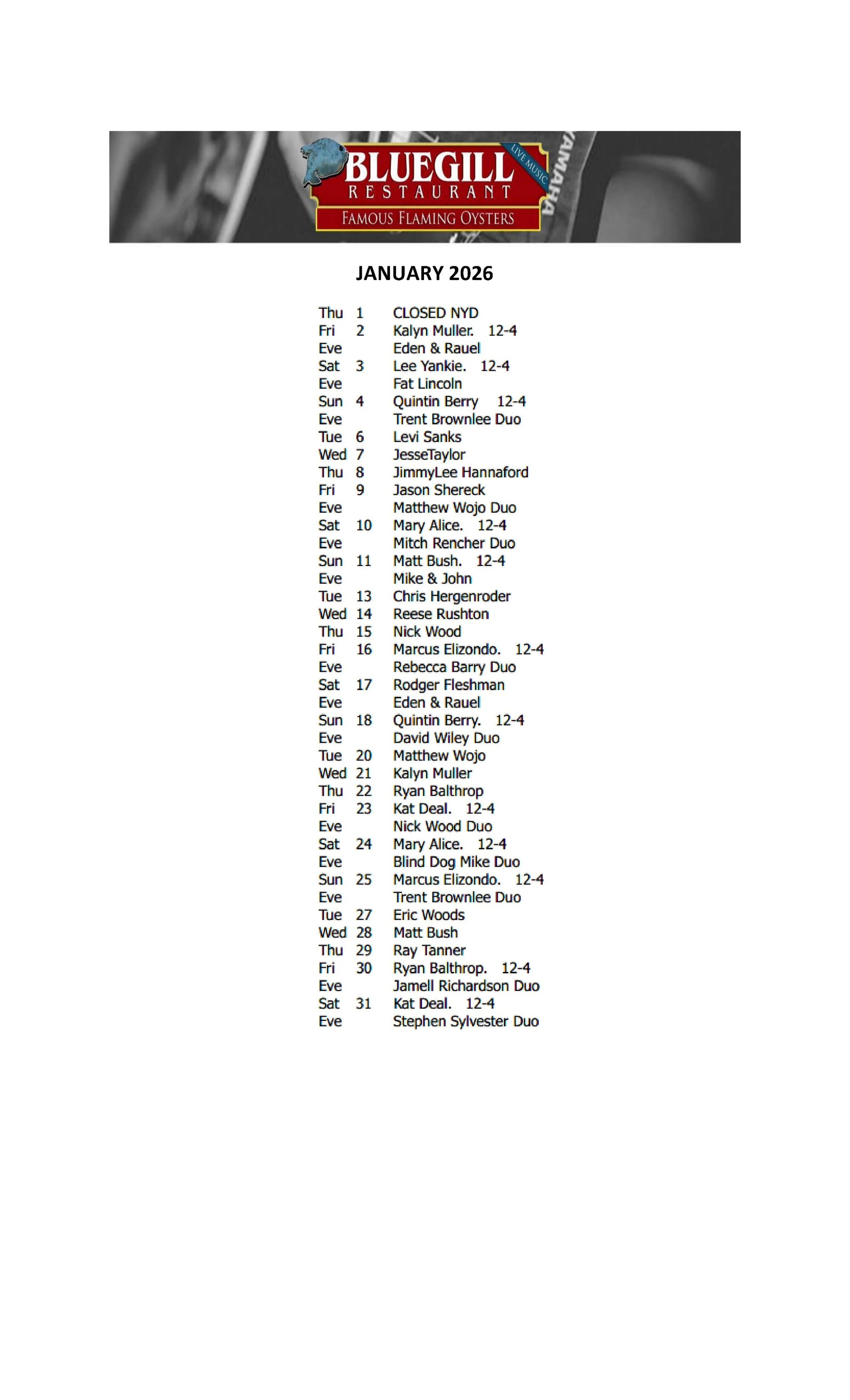 JANUARY MUSIC SCHEDULE