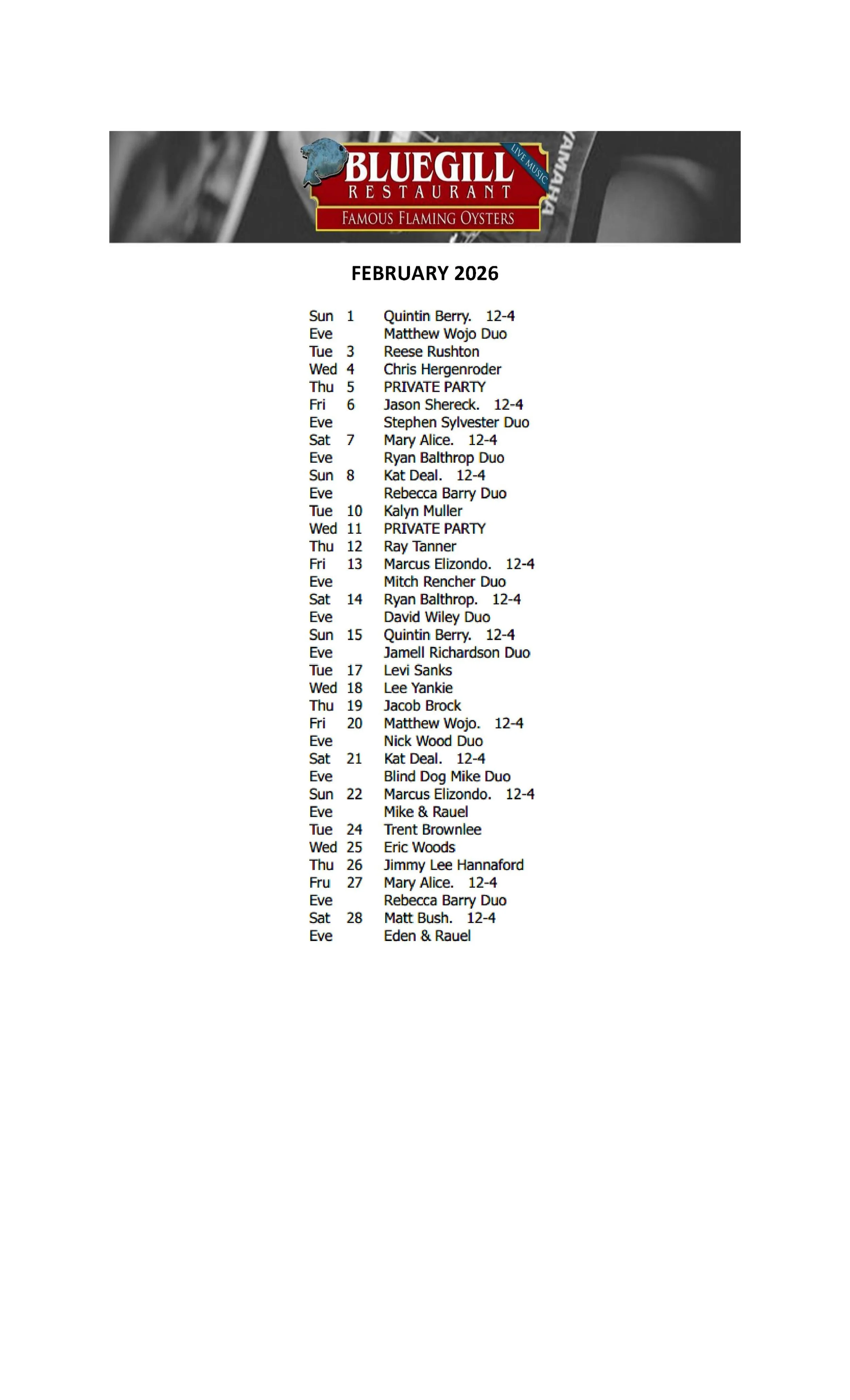 FEBRUARY MUSIC SCHEDULE