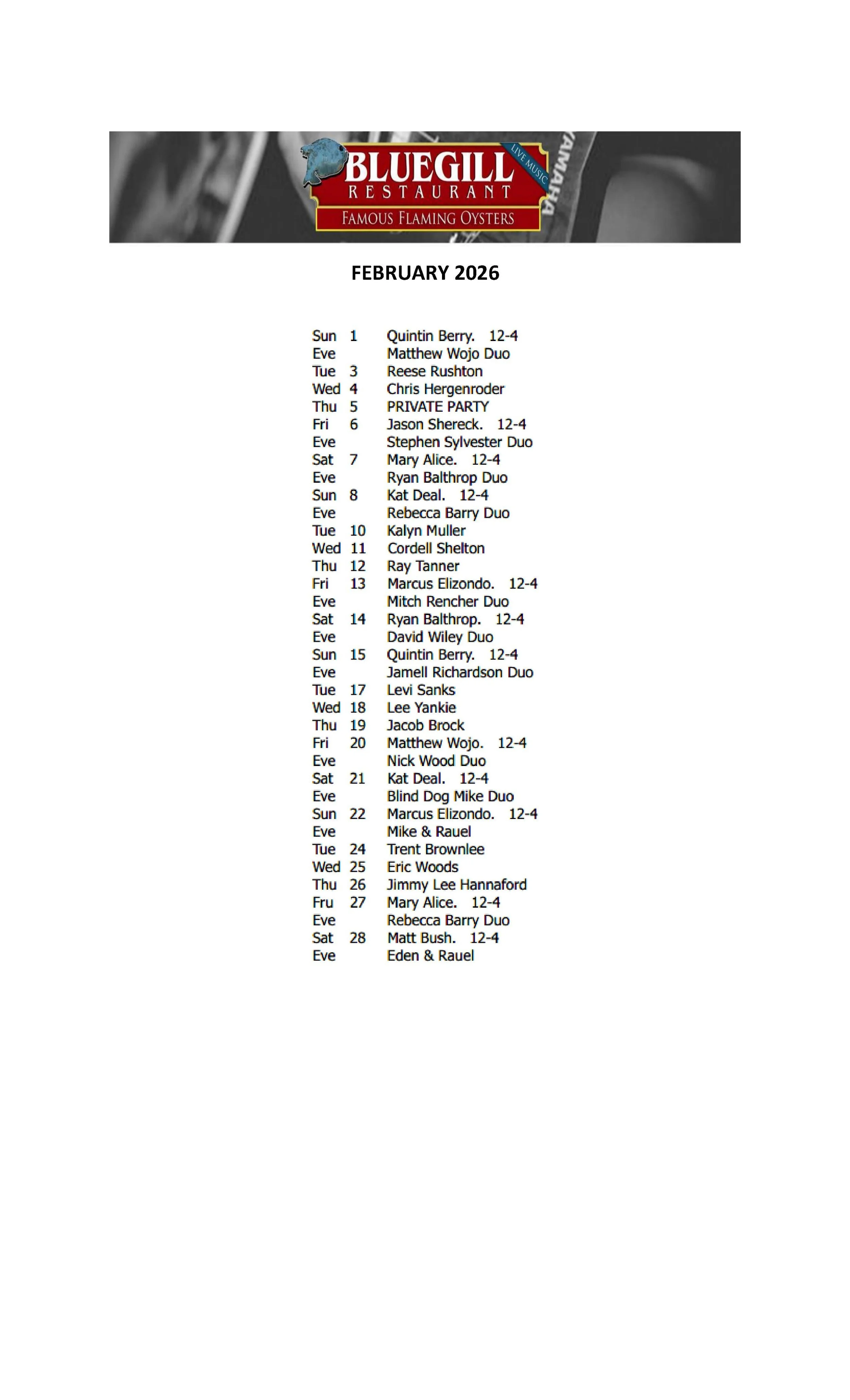 FEBRUARY MUSIC SCHEDULE