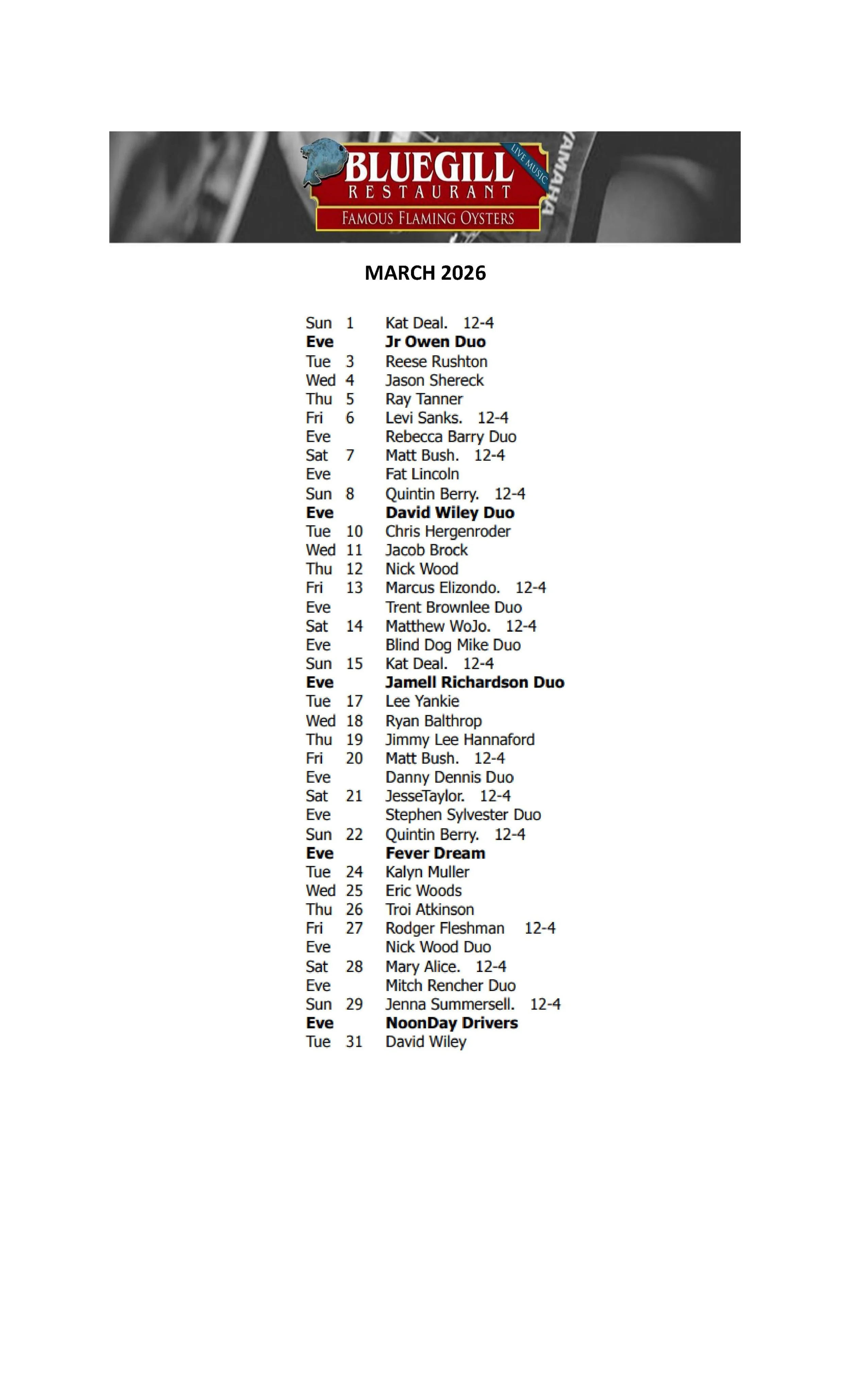 MARCH MUSIC SCHEDULE