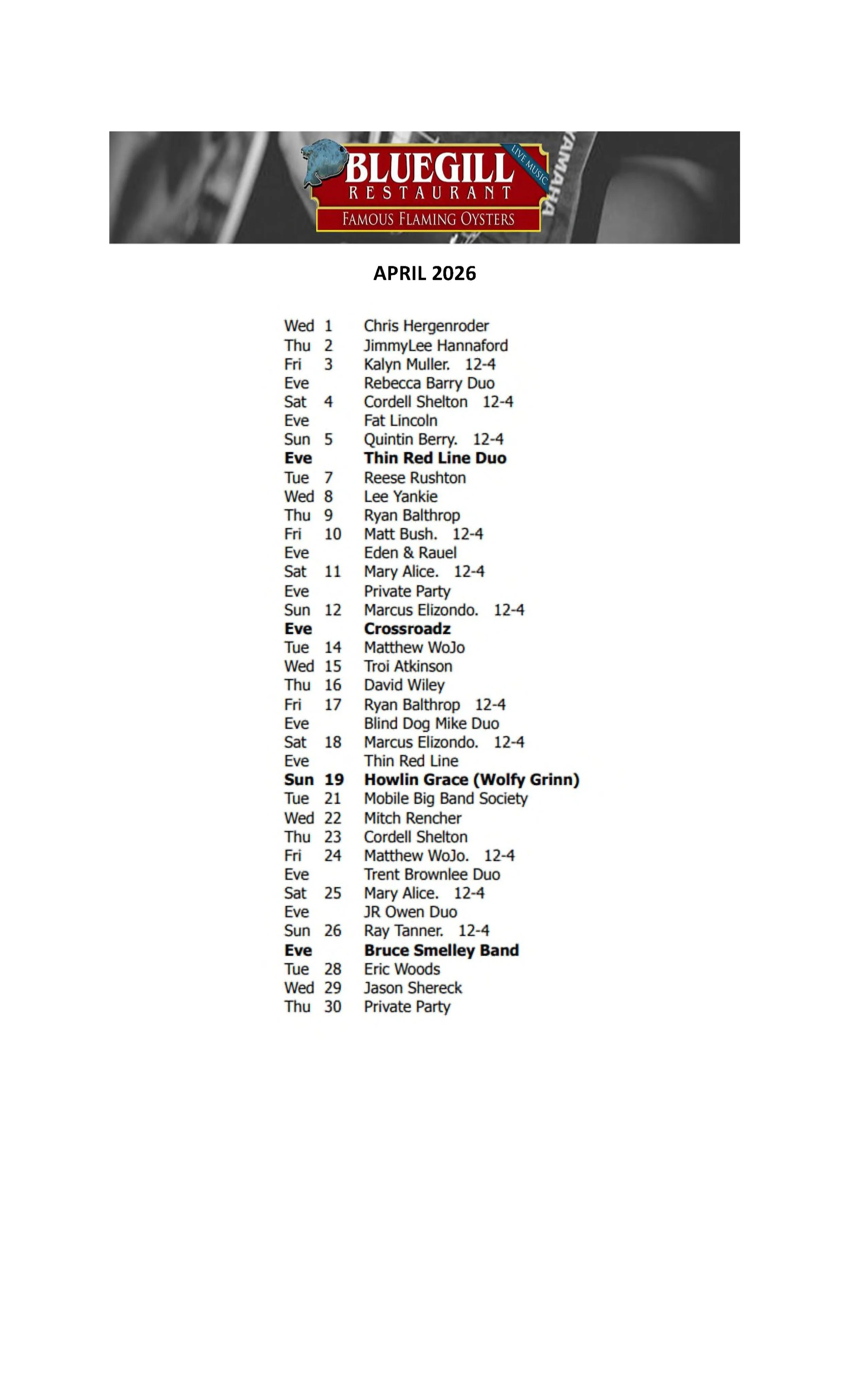 APRIL MUSIC SCHEDULE