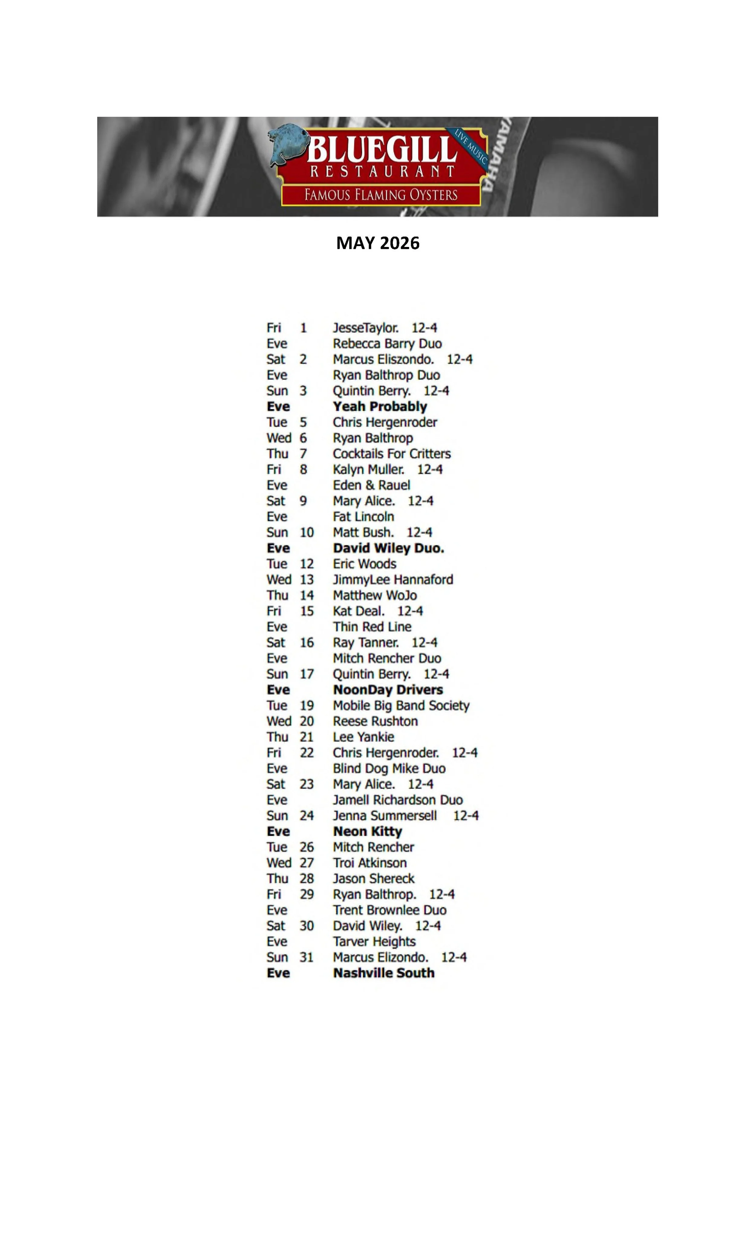 MAY MUSIC SCHEDULE
