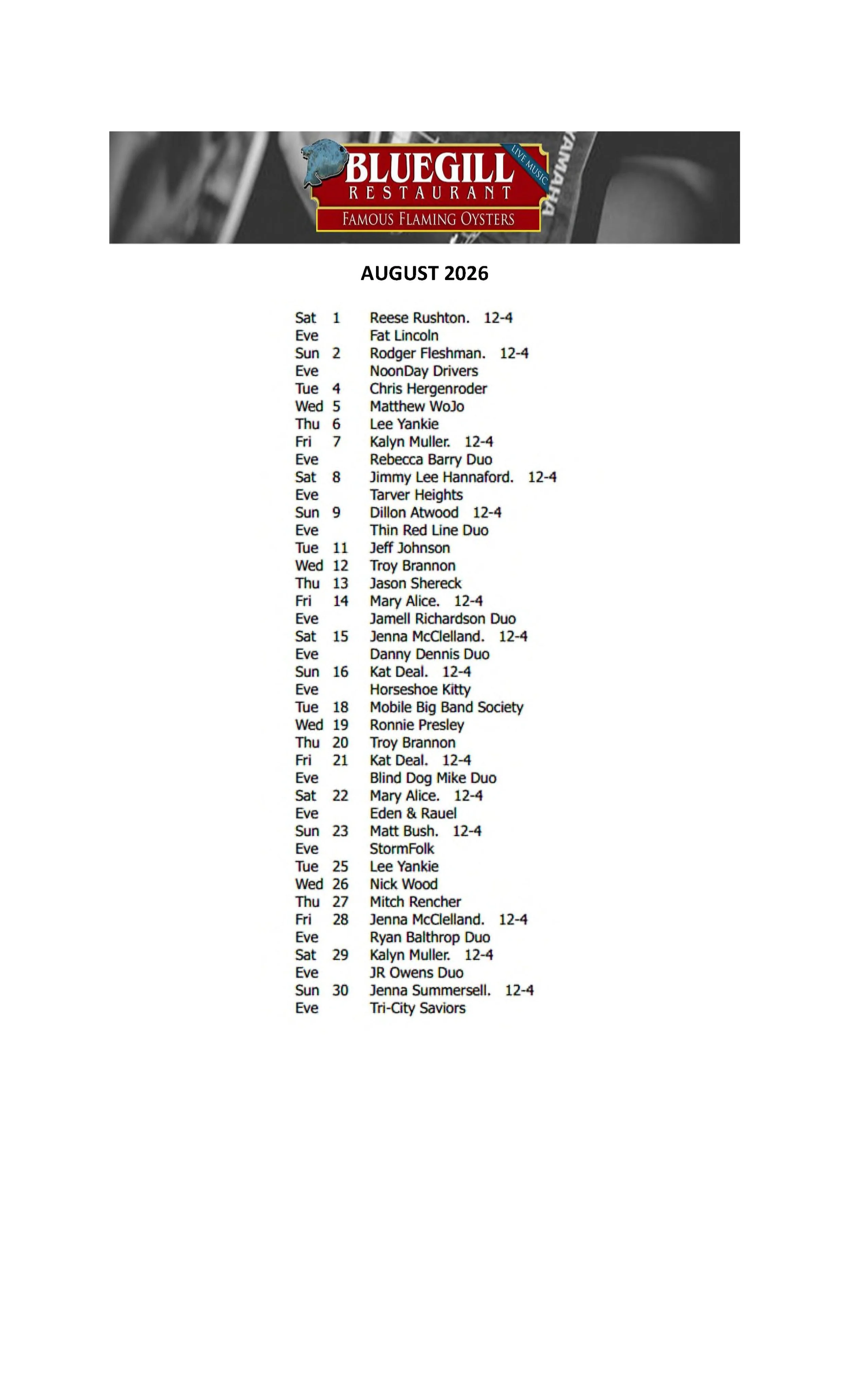 AUGUST MUSIC SCHEDULE