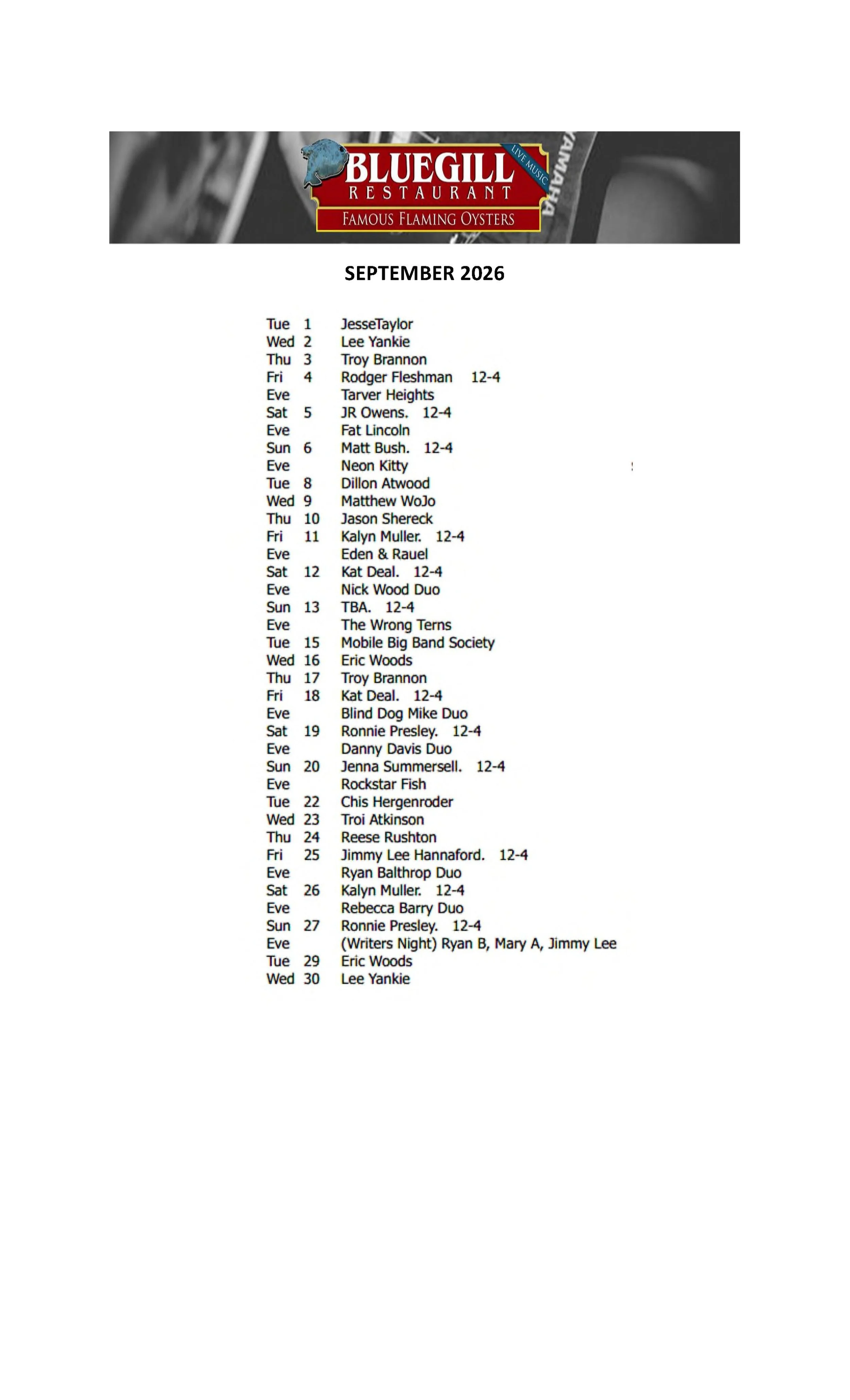 SEPTEMBER MUSIC SCHEDULE
