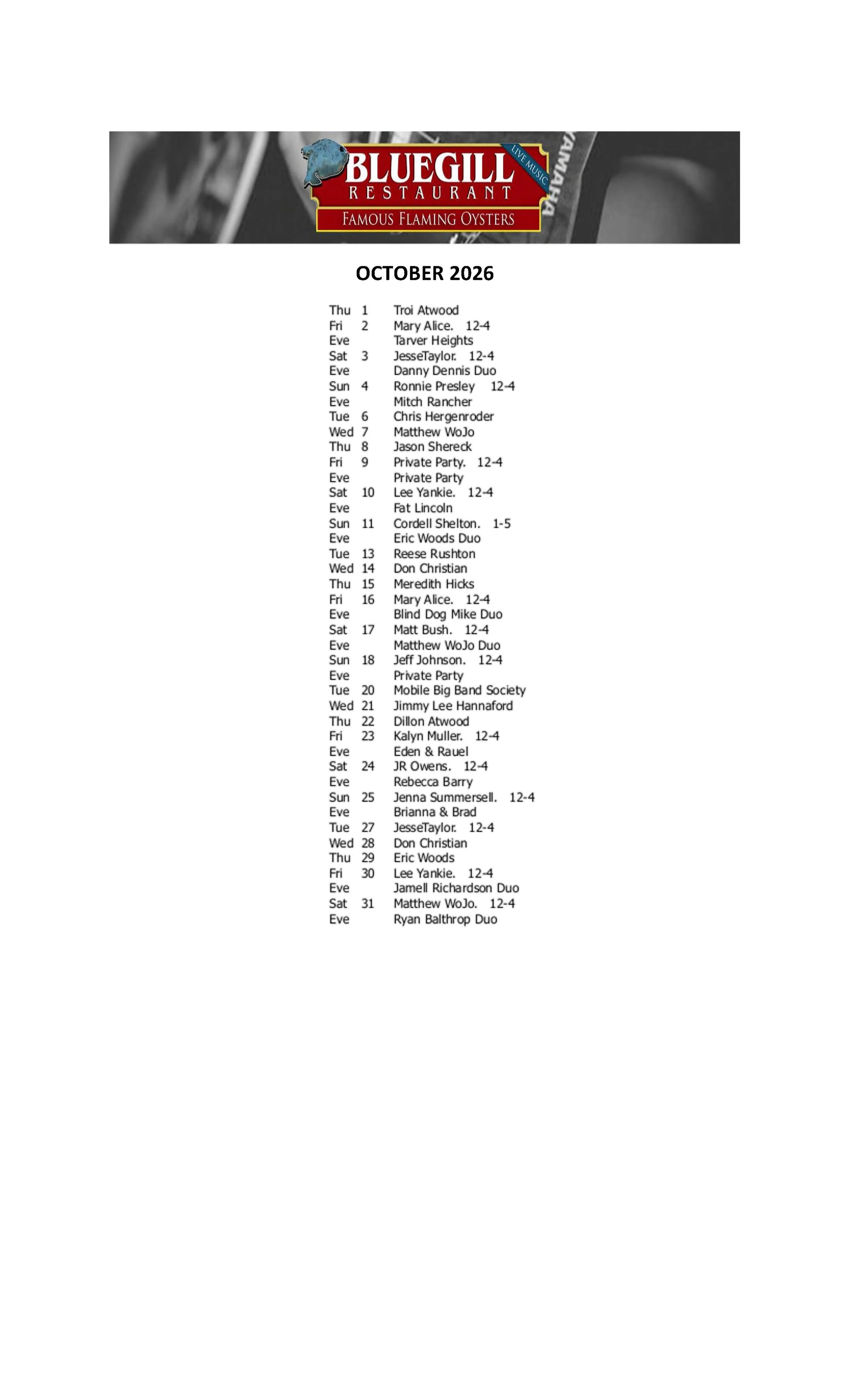 OCTOBER MUSIC SCHEDULE