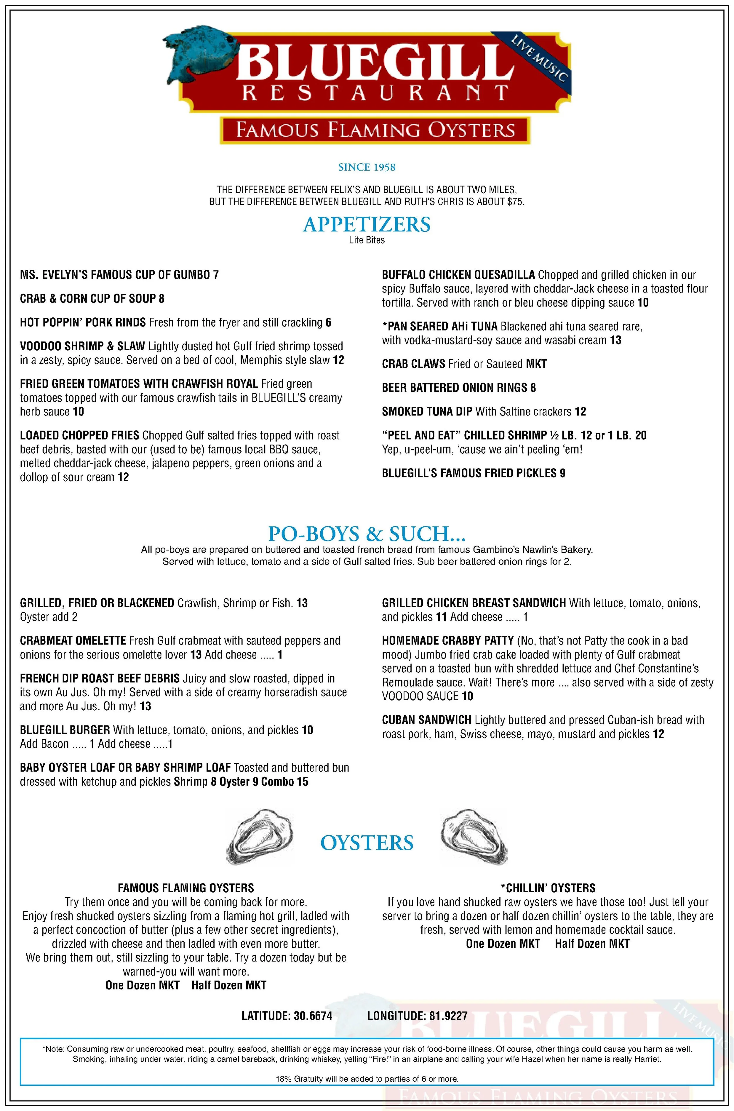 Menu — Bluegill Restaurant
