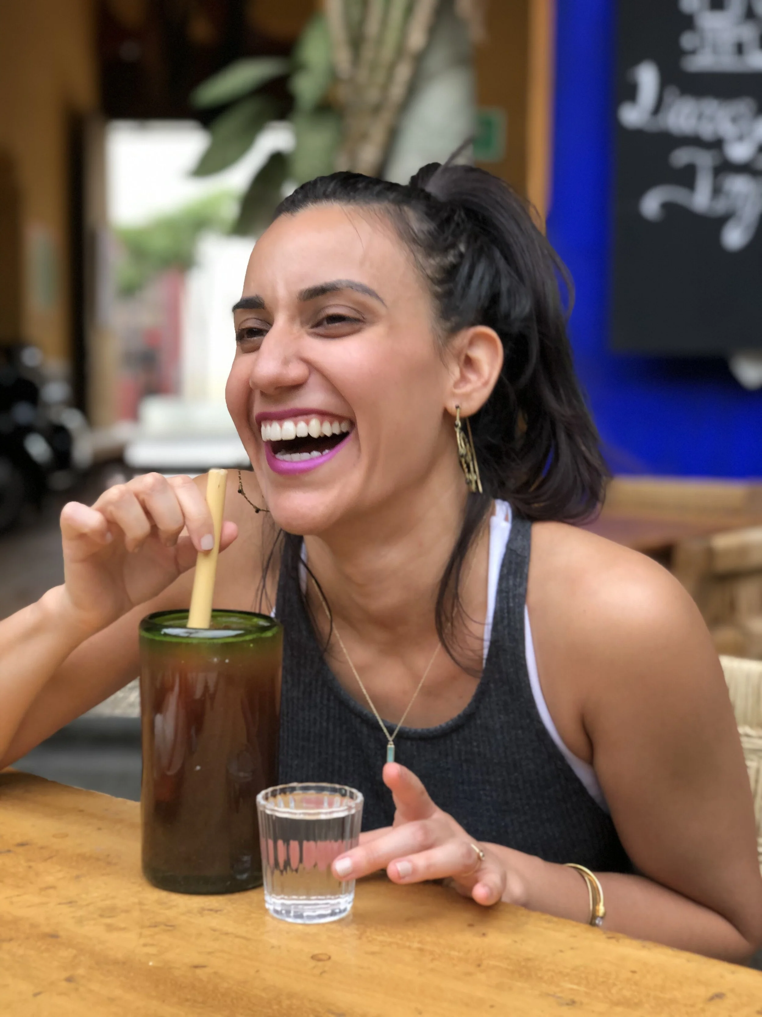 Lauren enjoying agua de tamarindo in Oaxaca, Mexico.