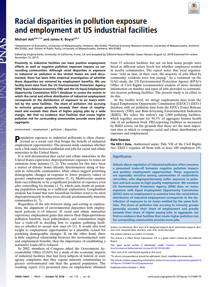 Racial disparities in pollution exposure and employment at US industrial facilities
